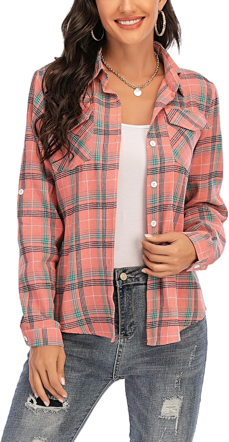 Detalle de Yukiuiny Women's Flannel Plaid Shirt – 100% Cotton, Long Sleeve Button-Down