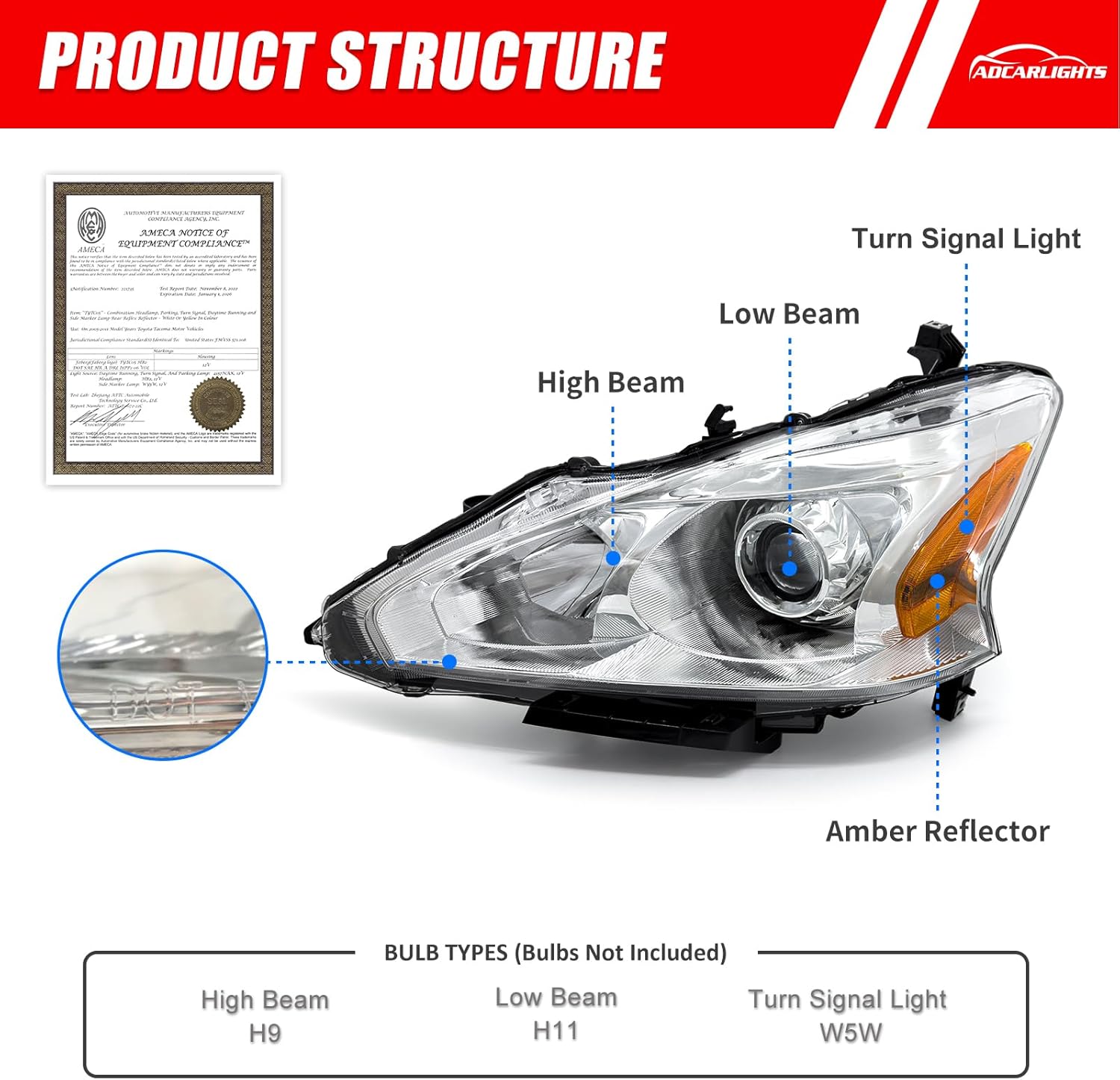 Thumbnail 2 de ADCARLIGHTS Headlight Assembly Replacement Pair for 2013-2015 Nissan Altima (Clear Lens, Chrome Housing, Amber Reflector) w/o Bulbs