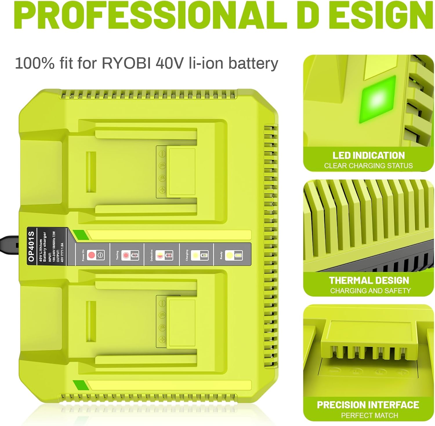 Thumbnail 5 de LabTEC 2-Port Quick Charger for Ryobi 40V Lithium Batteries (UK Plug) – for OP401 series