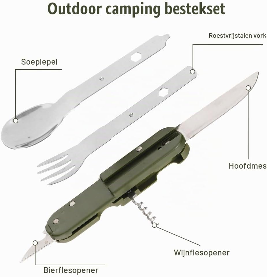 Detalle de Aoreun S-Blackyycj campingbestek, 6-in-1 roestvrij staal met nylon tas