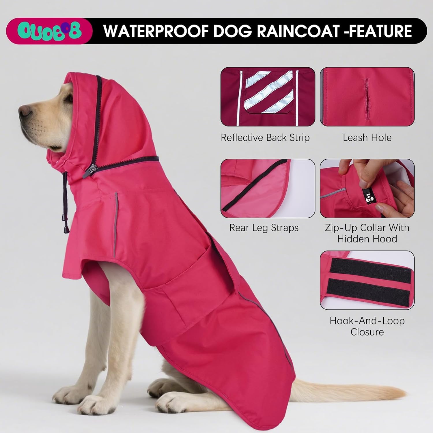 Detalle 2 de OUOBOB Waterproof Dog Coat for Large Dogs with Hood (3XL) – Pink, Reflective, Lightweight Rainwear
