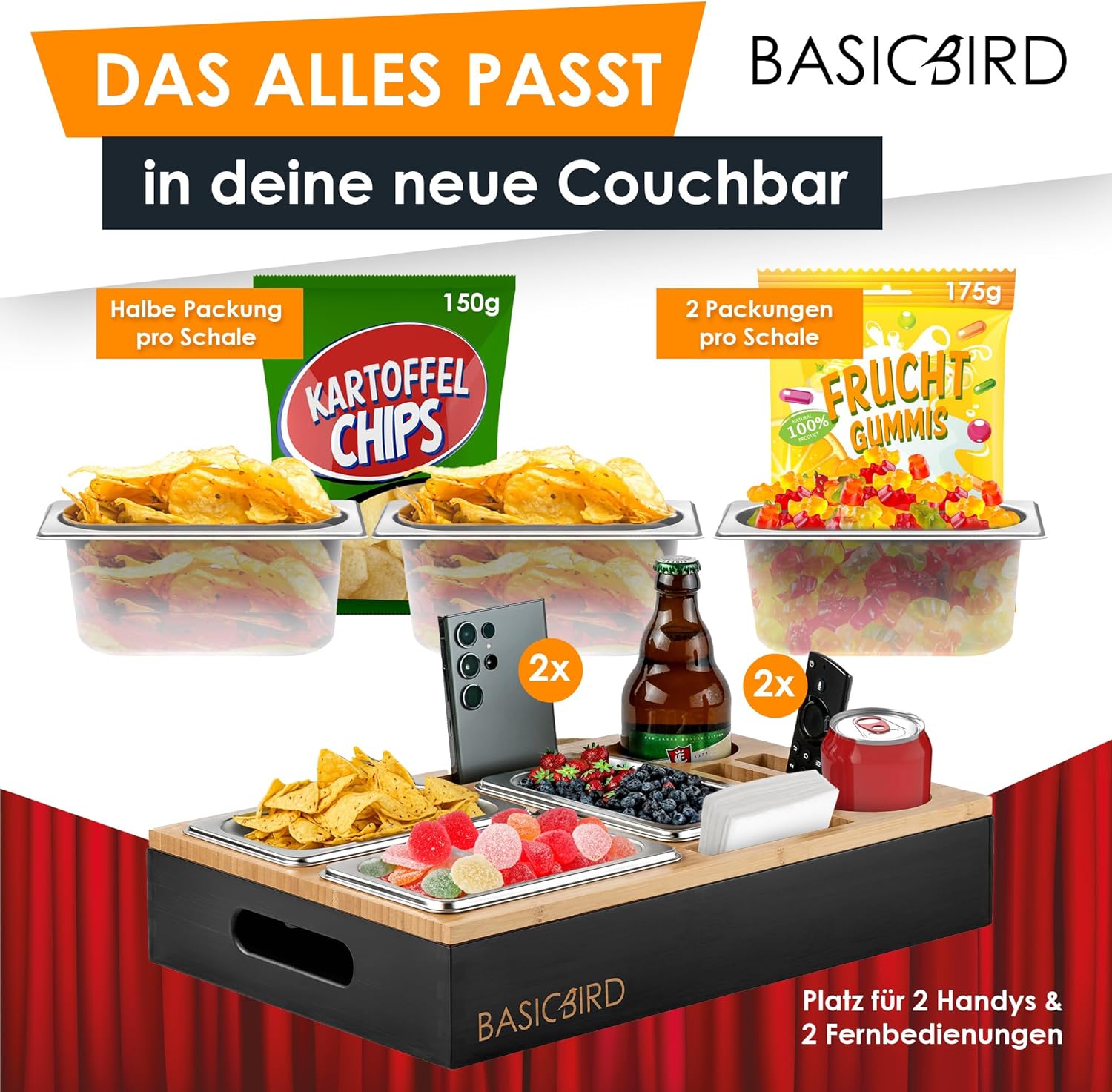 Thumbnail 2 de BASICBIRD® Couchbar Snackbox: Organizer-Tablett mit 3 Snackschalen, Getränkehalter und Fächern (Black Body)