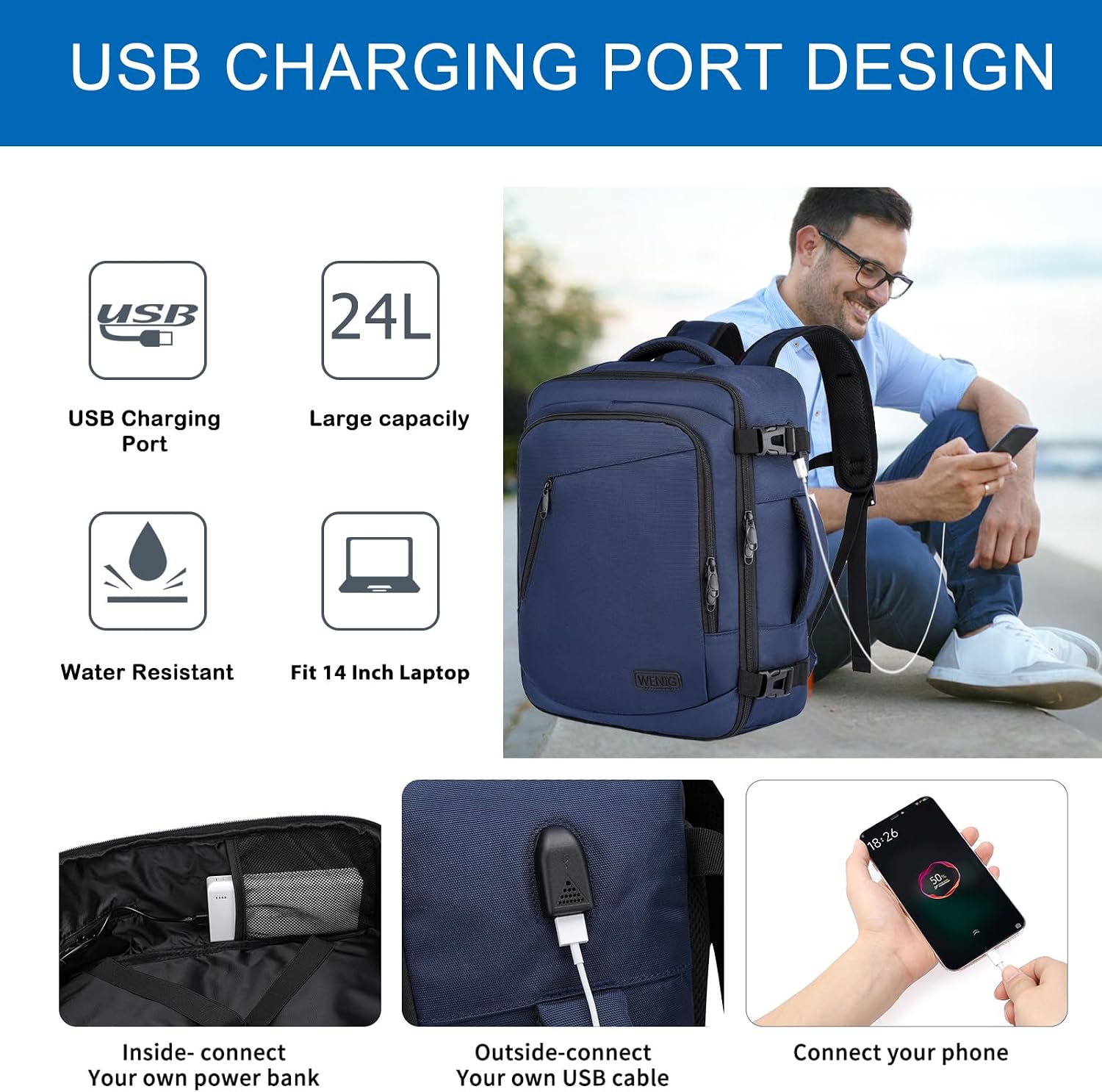 Detalle de Ryanair Cabin Bag 40x30x20 Underseat Travel Backpack (Blue) – 20L with USB Port and 14-Inch Laptop Compartment