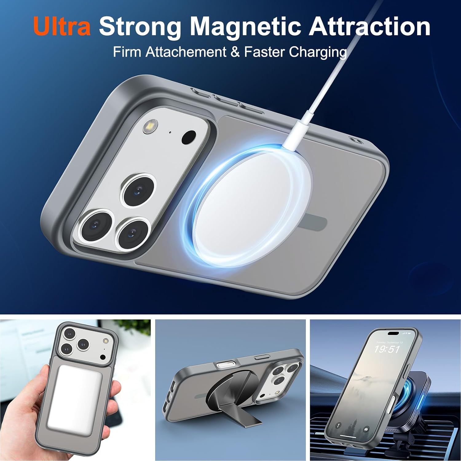 Detalle de SUPFINE Magnetic Case for iPhone 17 Pro (MagSafe Compatible) — Military-Grade Drop Protection, Matte Translucent Gray