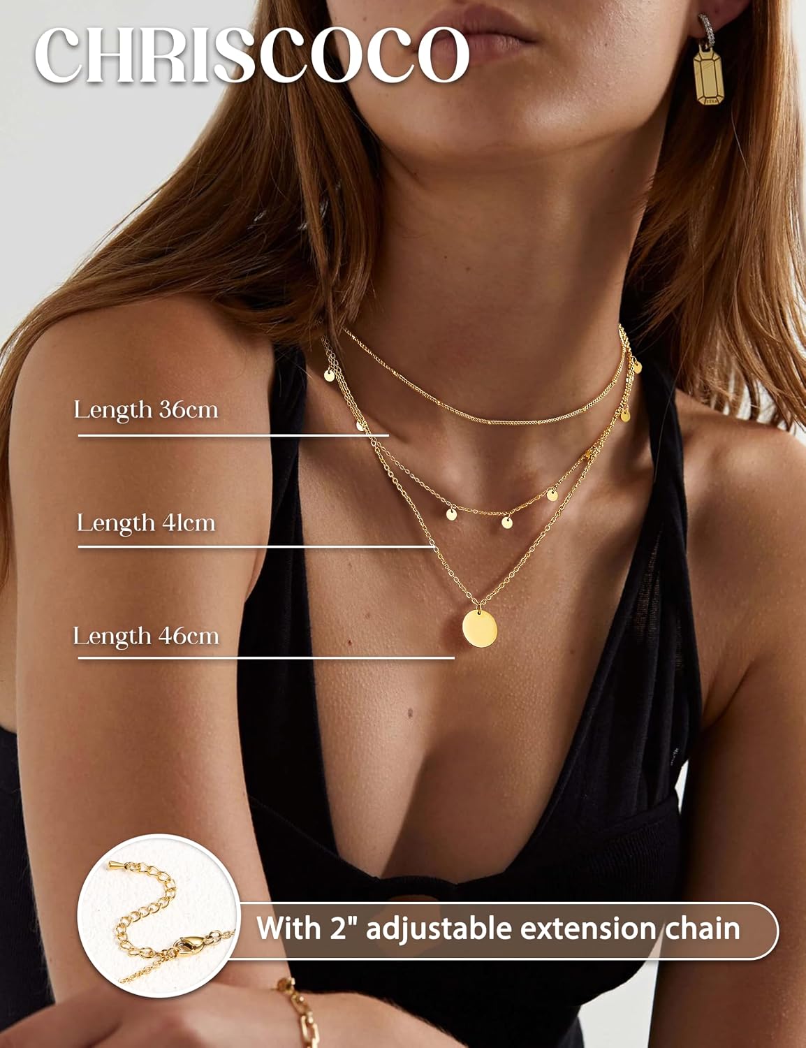 Detalle de Chriscoco 3er Layered Kette Gold Damen – Edelstahl, Wasserfest, 3-Teiliges Layering-Set