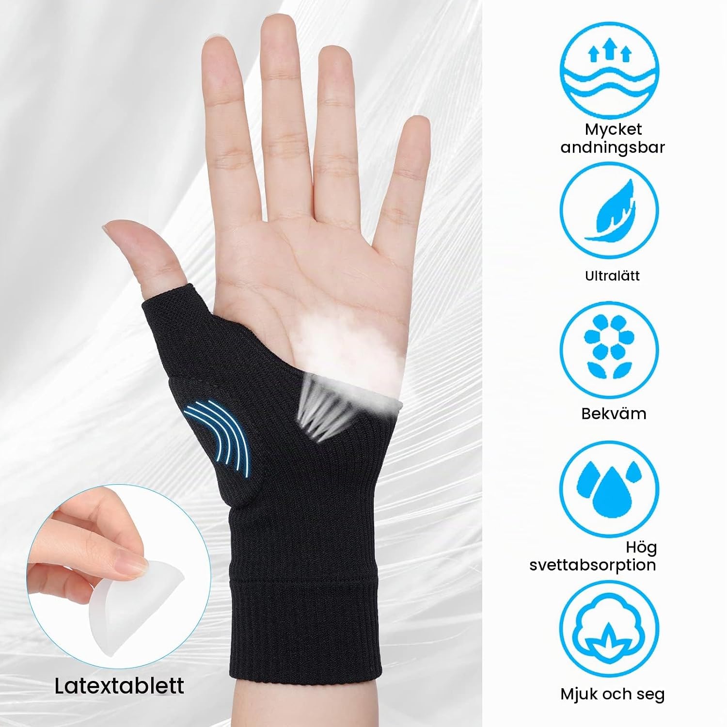 Detalle de ACWOO artrithandskar L med gelstöd för tummen och öppen fingerdesign