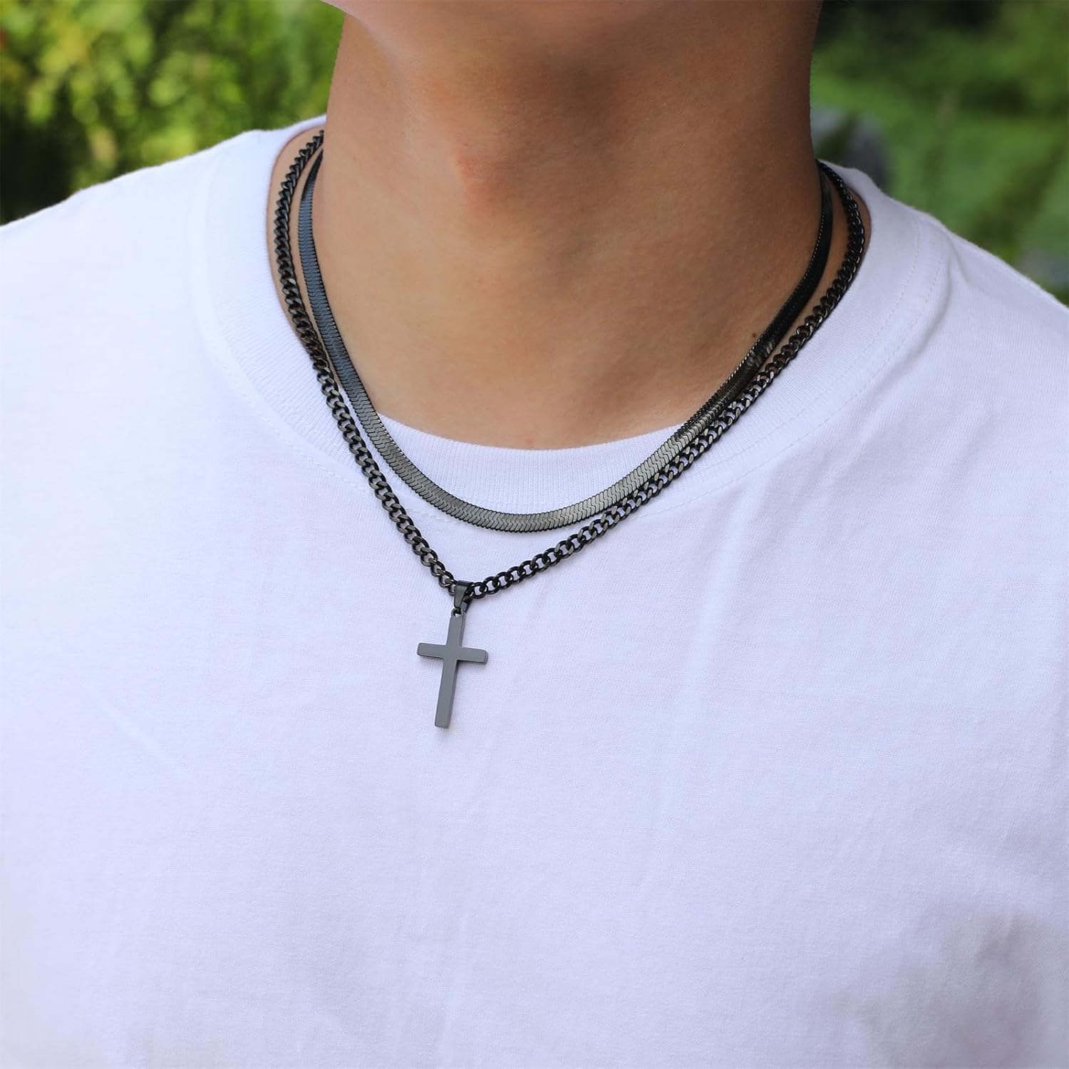 Thumbnail 2 de Collana uomo Esmoly con crocifisso doppio strato in acciaio 316L (argento, oro o nero)