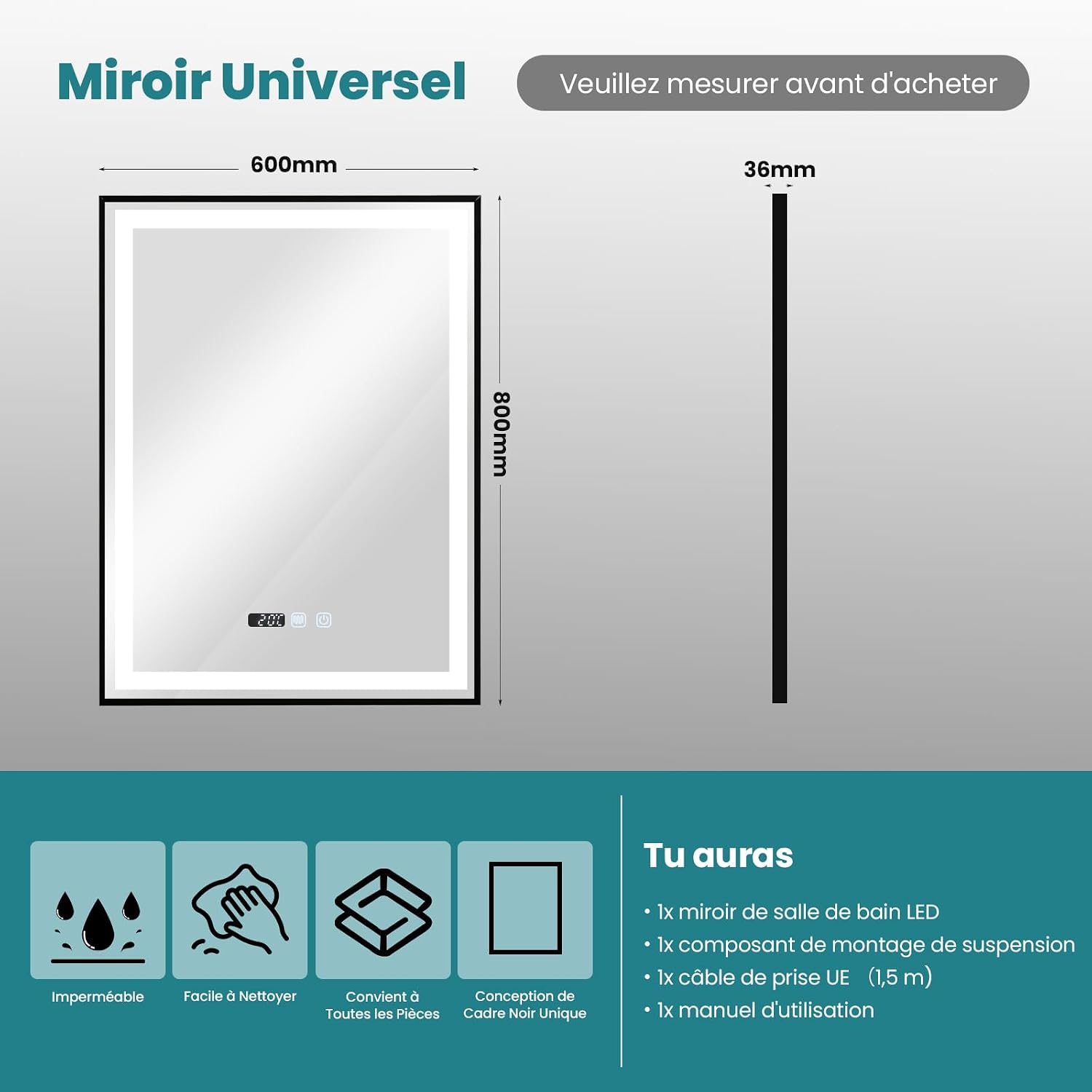 Detalle 2 de YU YUSING miroir LED 60x80 cm anti buée