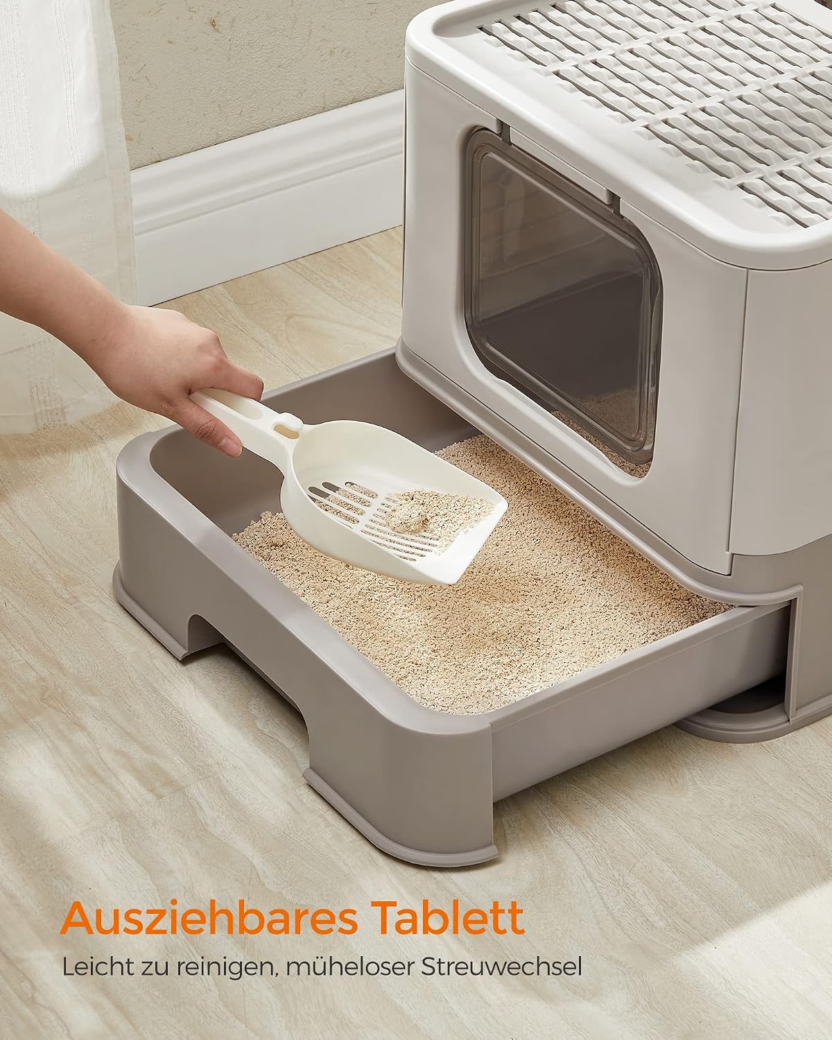Detalle de Feandrea Katzenklo 2er Set mit Deckel – großes Design für große Katzen, inkl. ausziehbarem Tablett, Schaufel und Bürste