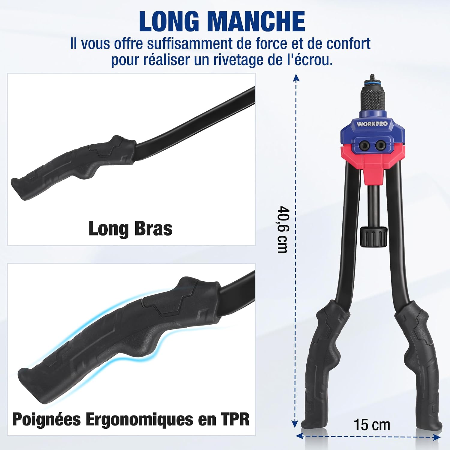 Detalle de WORKPRO Outil à riveter, 40,6 cm - ensemble 11 mandrins et 185 rivets filetés