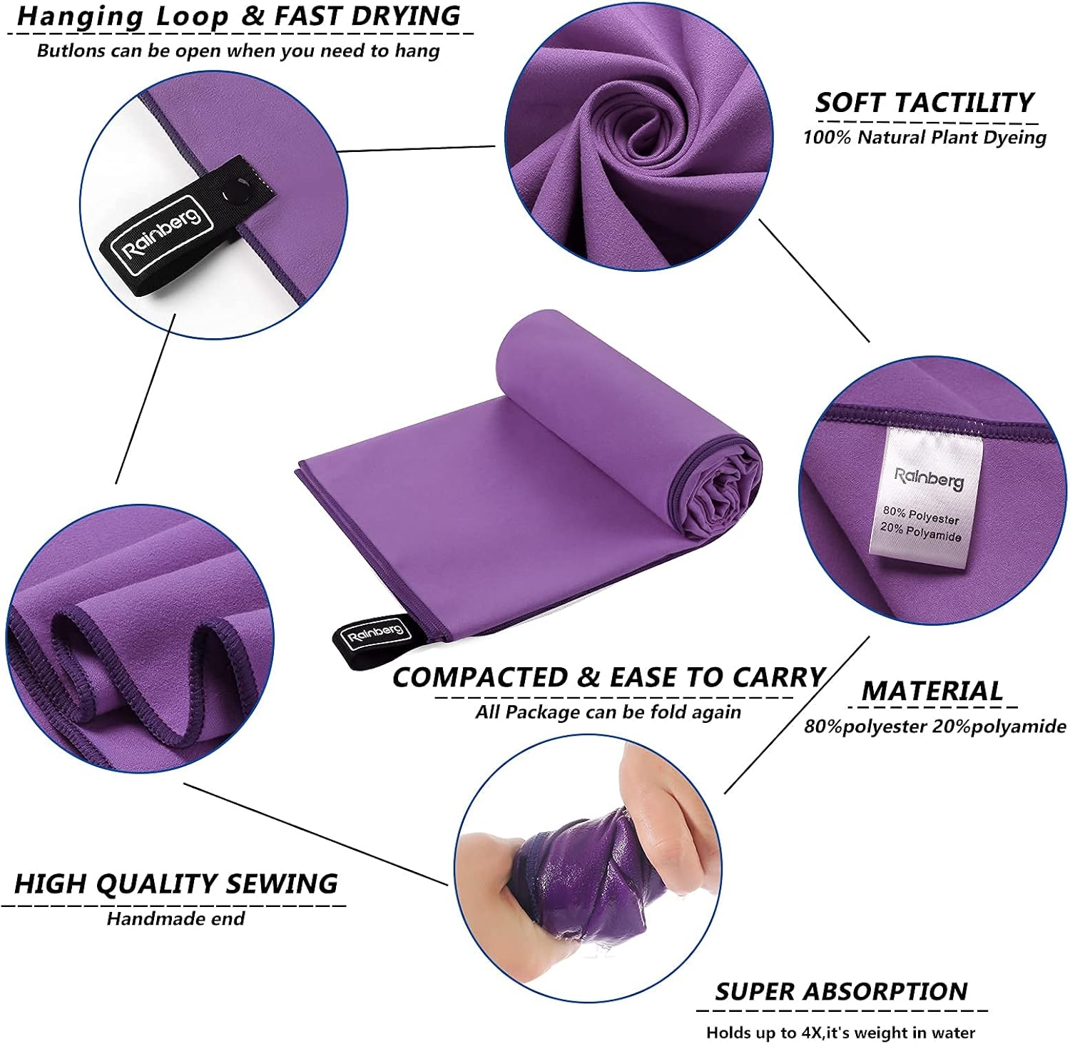Thumbnail 5 de Rainberg Microfiber Towel (180x90cm) – Large Quick-Dry Gym Towel in Purple