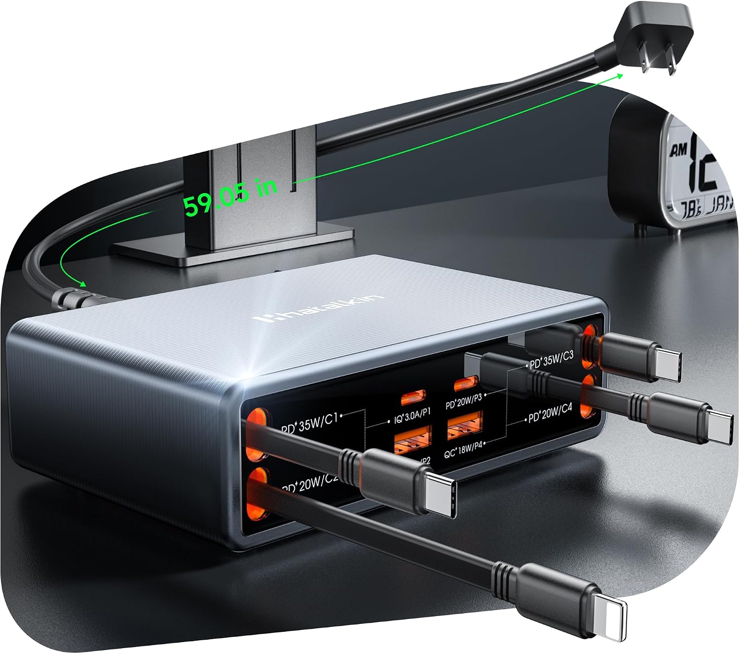 Detalle de HATALKIN PT-68 8-in-1 Charging Station with 105W Output and Retractable Cables