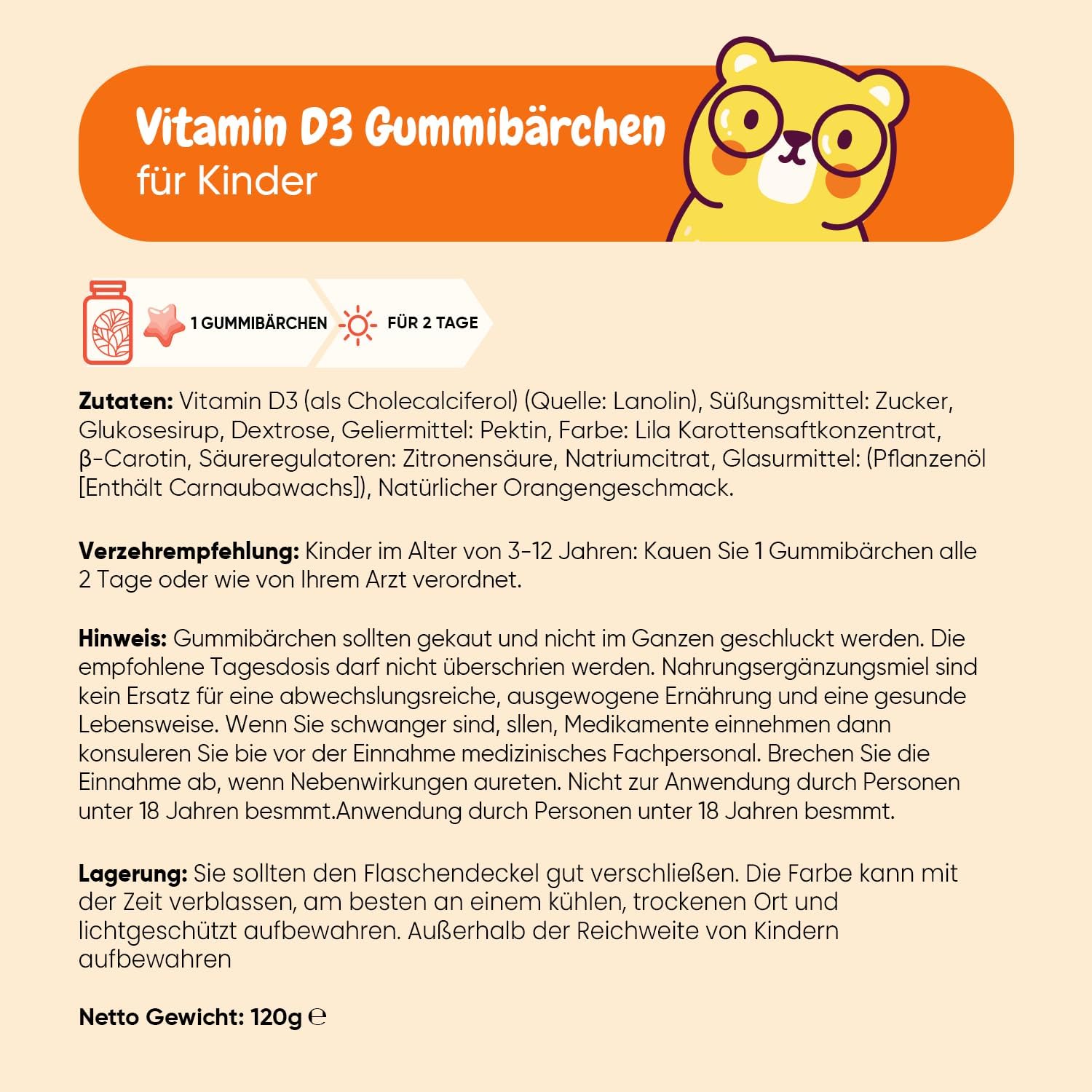 Detalle 2 de maxmedix Vitamin D3 Kinder Gummibärchen mit Orangengeschmack (1.000 IE, 120 Stück) – für Kinder von 3 bis 12 Jahren