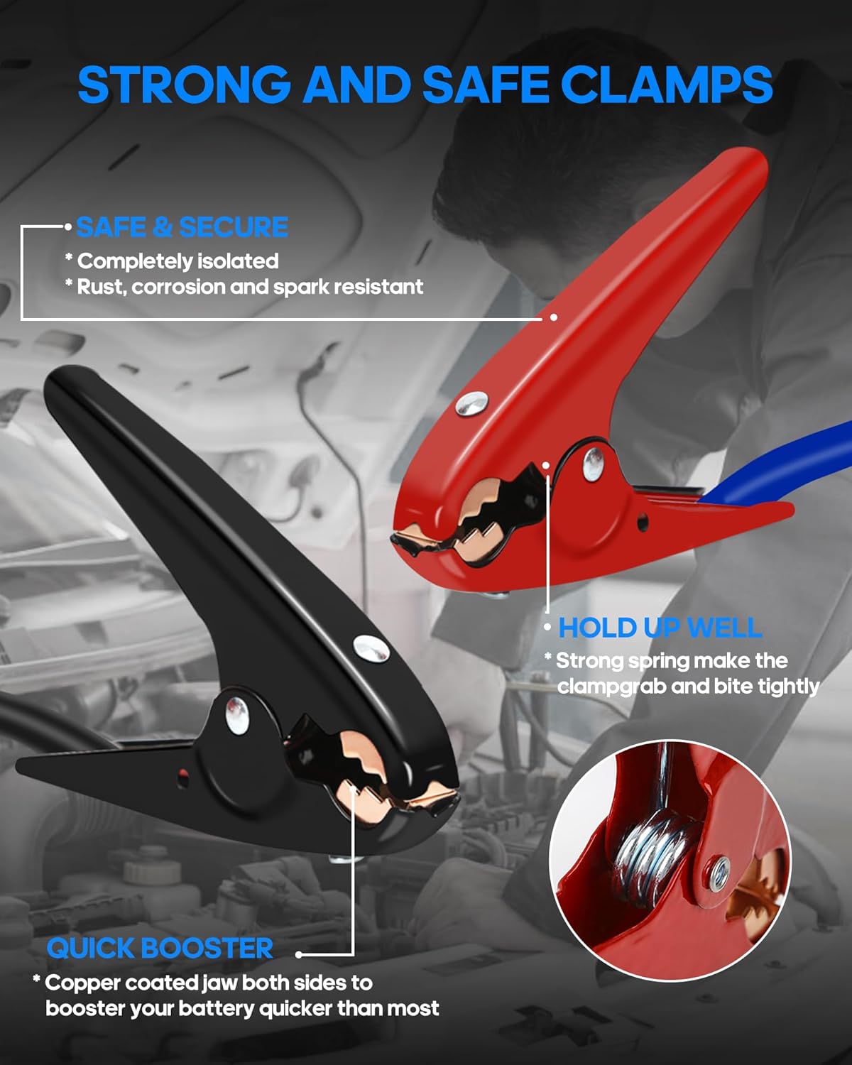Thumbnail 3 de SAFEMATE 2 Gauge 18 ft Heavy Duty Jumper Cables: Reliable 12V/24V Jump Start Power