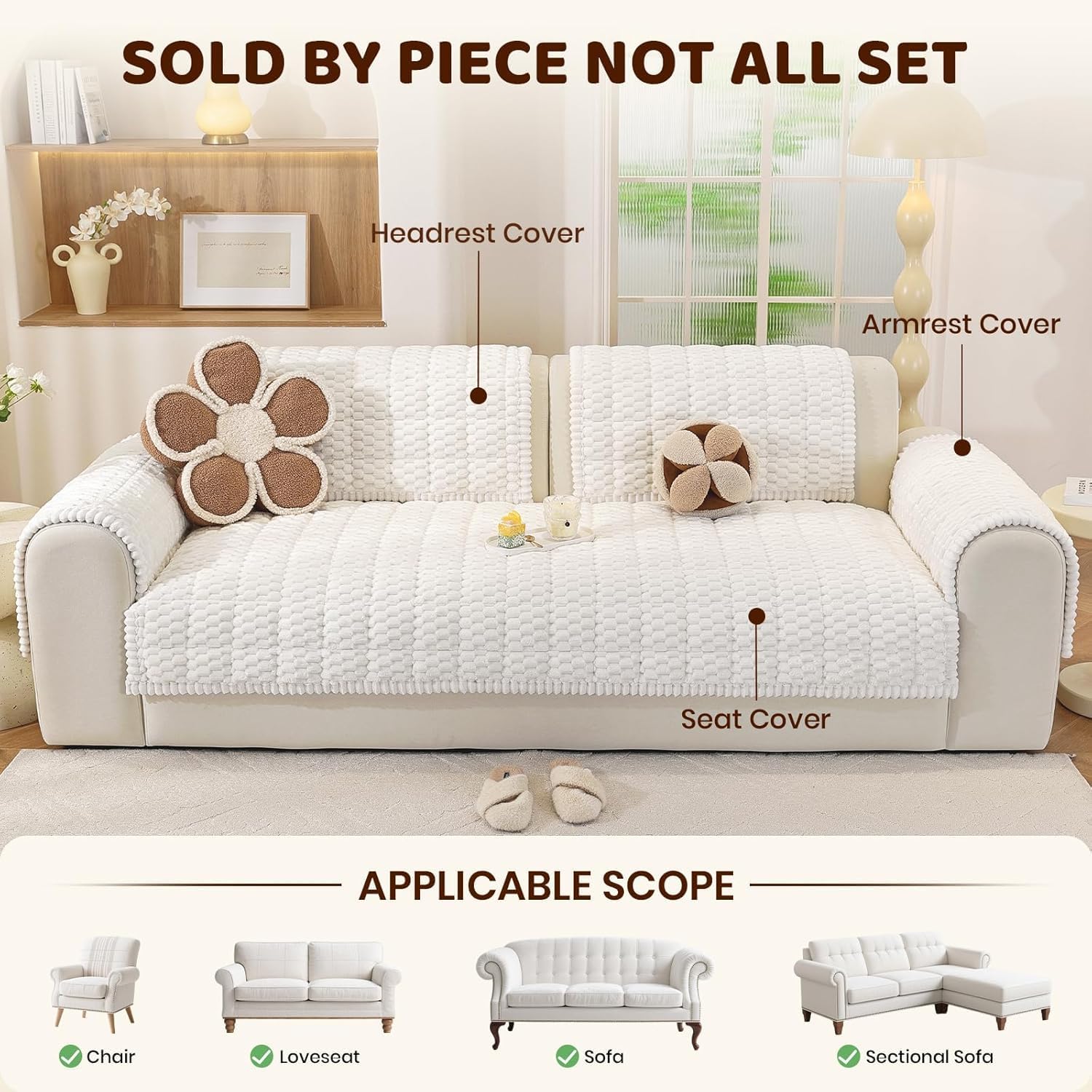 Thumbnail 1 de Royhom Housse de Canapé Épais Peluche crème 90 x 160 cm – anti-dérapant et multi-usages