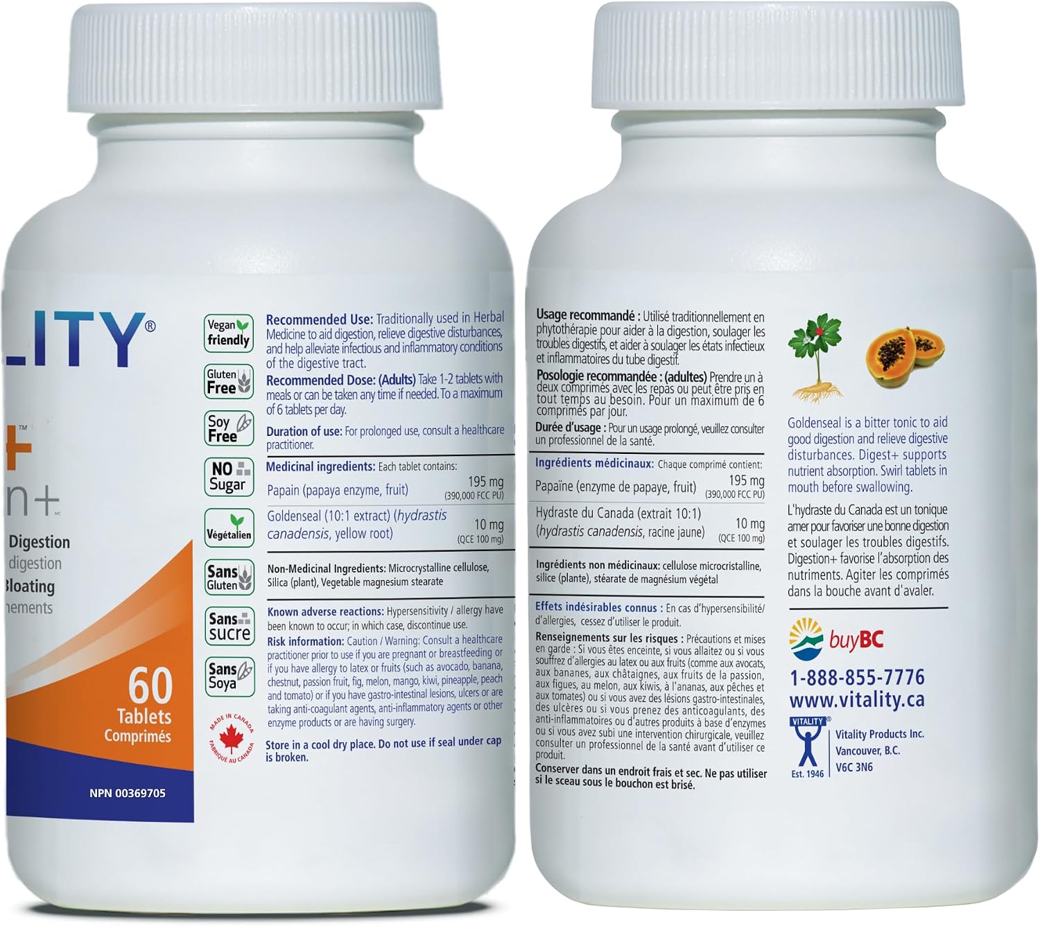 Detalle de VITALITY Digest+ 15902 Digestive Enzyme Tablets with Papaya & Goldenseal