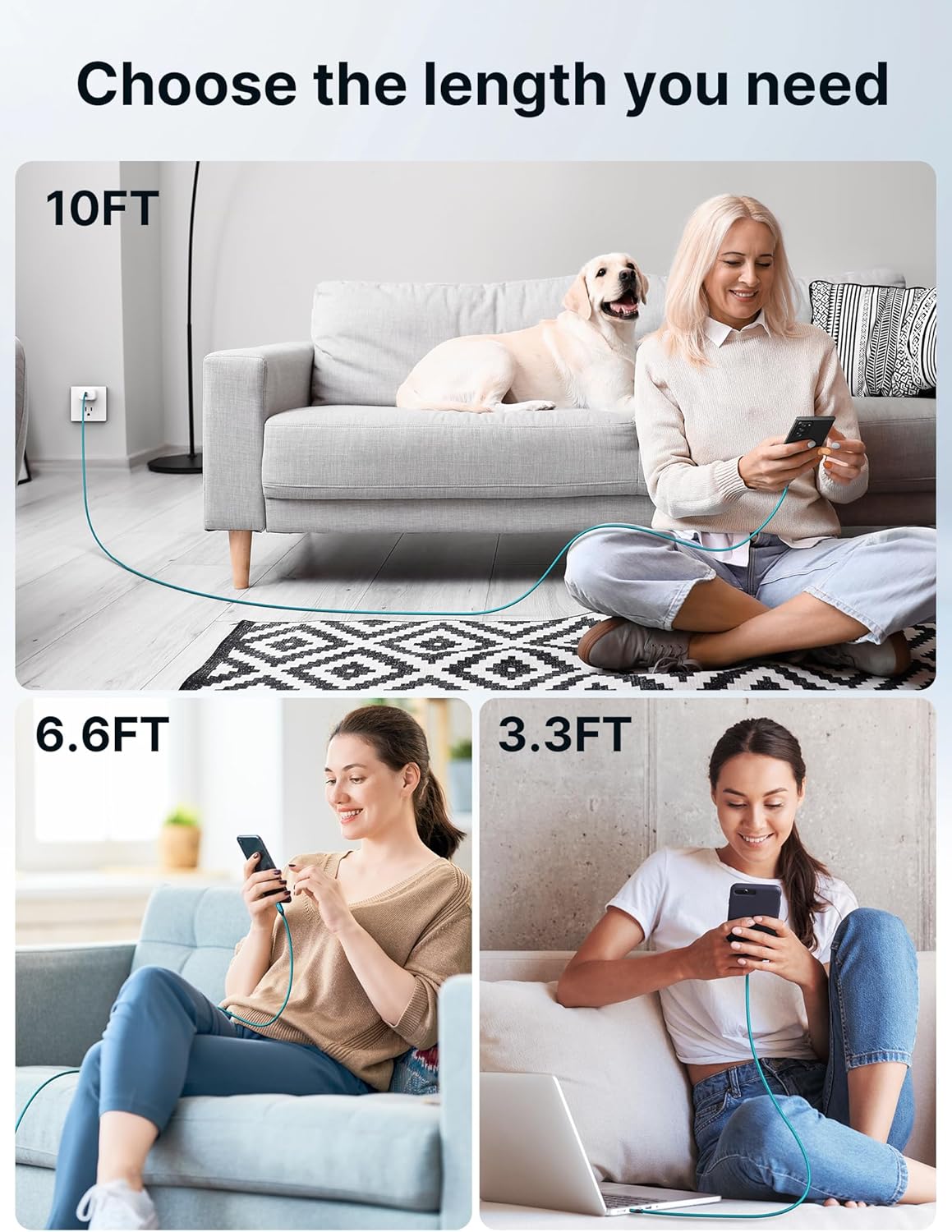 Thumbnail 3 de JSAUX lot de 4 câbles USB Type-C (1 m, 1 m, 2 m, 3 m) charge rapide 3 A et transfert données