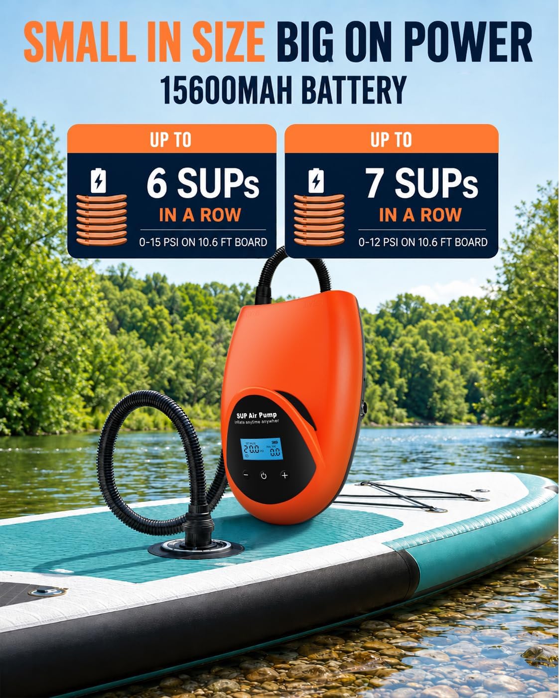 Detalle de TONSIM Electric SUP Pump 20PSI – 15000mAh Rechargeable Cordless Inflator with Auto-Off