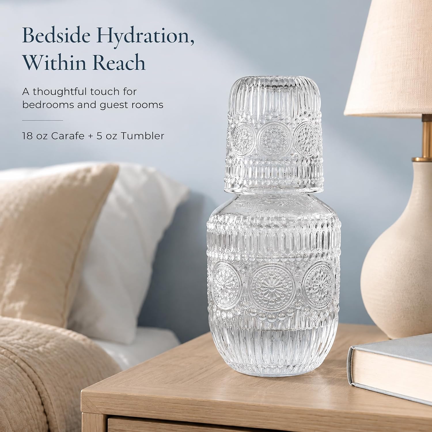 Detalle de Kingrol Vintage Bedside Glass Carafe Set, 18 oz with 5 oz Covering Tumblers