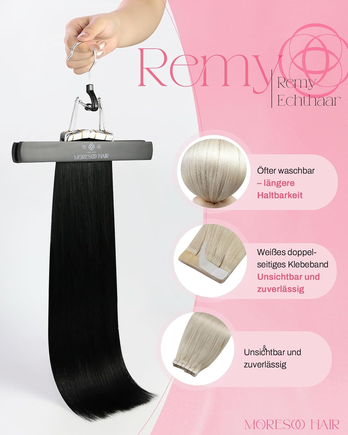 Detalle 2 de Moresoo Tape Extensions Echthaar – 10 Stück, 50 cm, nahtloses Echthaar-Volumenpaket
