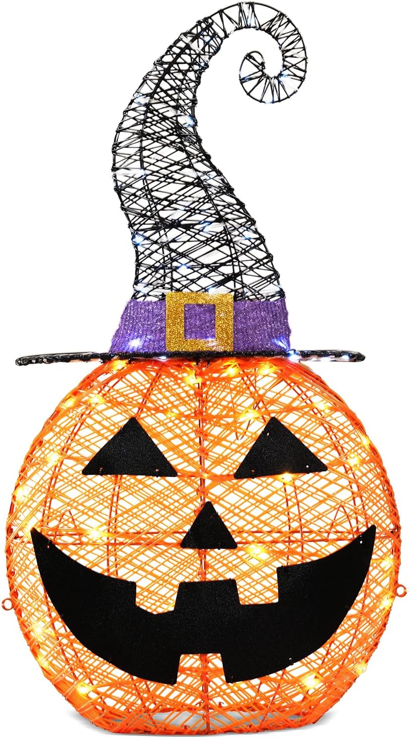 Detalle de MARACOL PUMPKIN-RA Lighted Halloween Pumpkin with Witch Hat, 75 LEDs