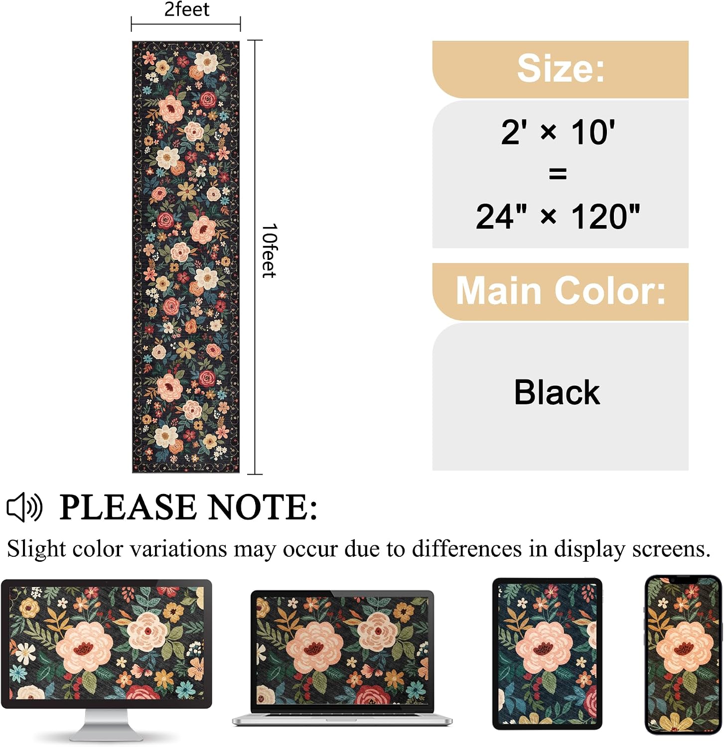 Detalle 2 de DUKINO Runner Rug (2x10) with Non Slip TPR Backing, Washable Low Pile Boho Floral for Kitchen & Entryway