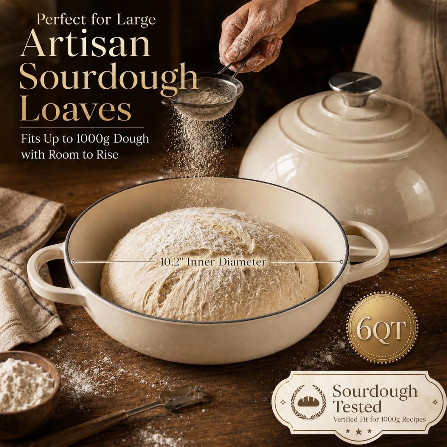 Detalle de AHJ 6QT Enameled Cast Iron Dutch Oven for Bread Baking with Proofing Basket, Gloves & Sling