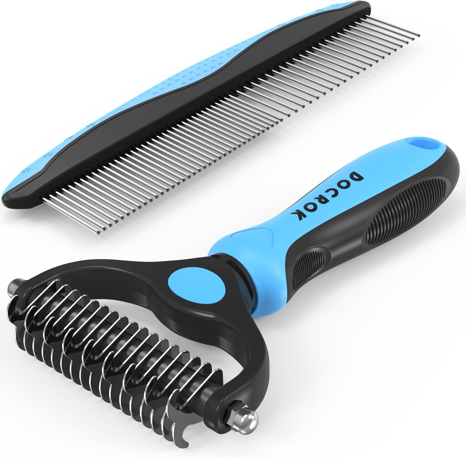 Imagen de Docrok Pet Grooming Combo (Blue) Double-Sided Deshedding Brush + Metal Detangling Comb en OfertitasTOP