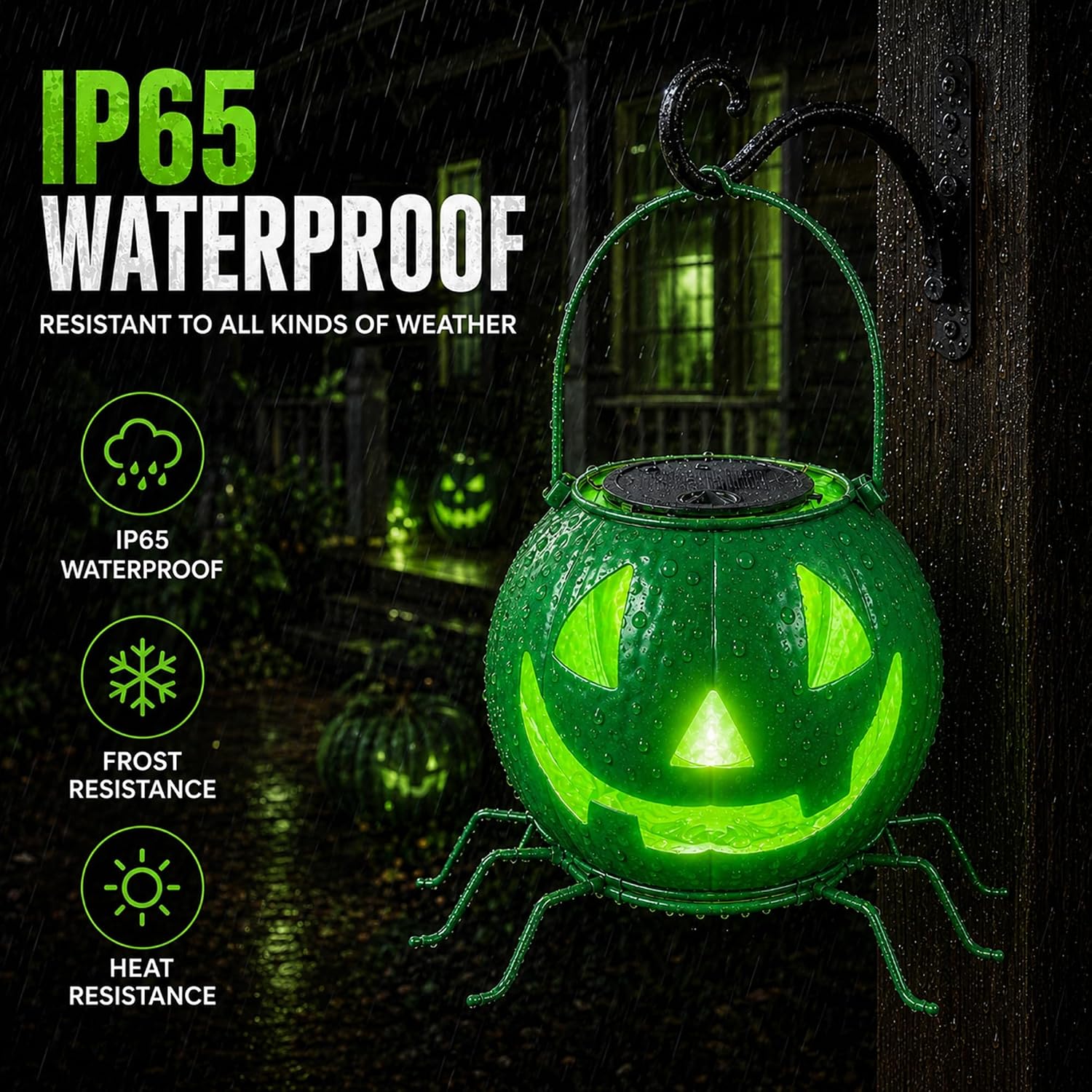 Detalle de Mantunt Solar Halloween Pumpkin Lantern with Green Flickering Flame and Spider Legs