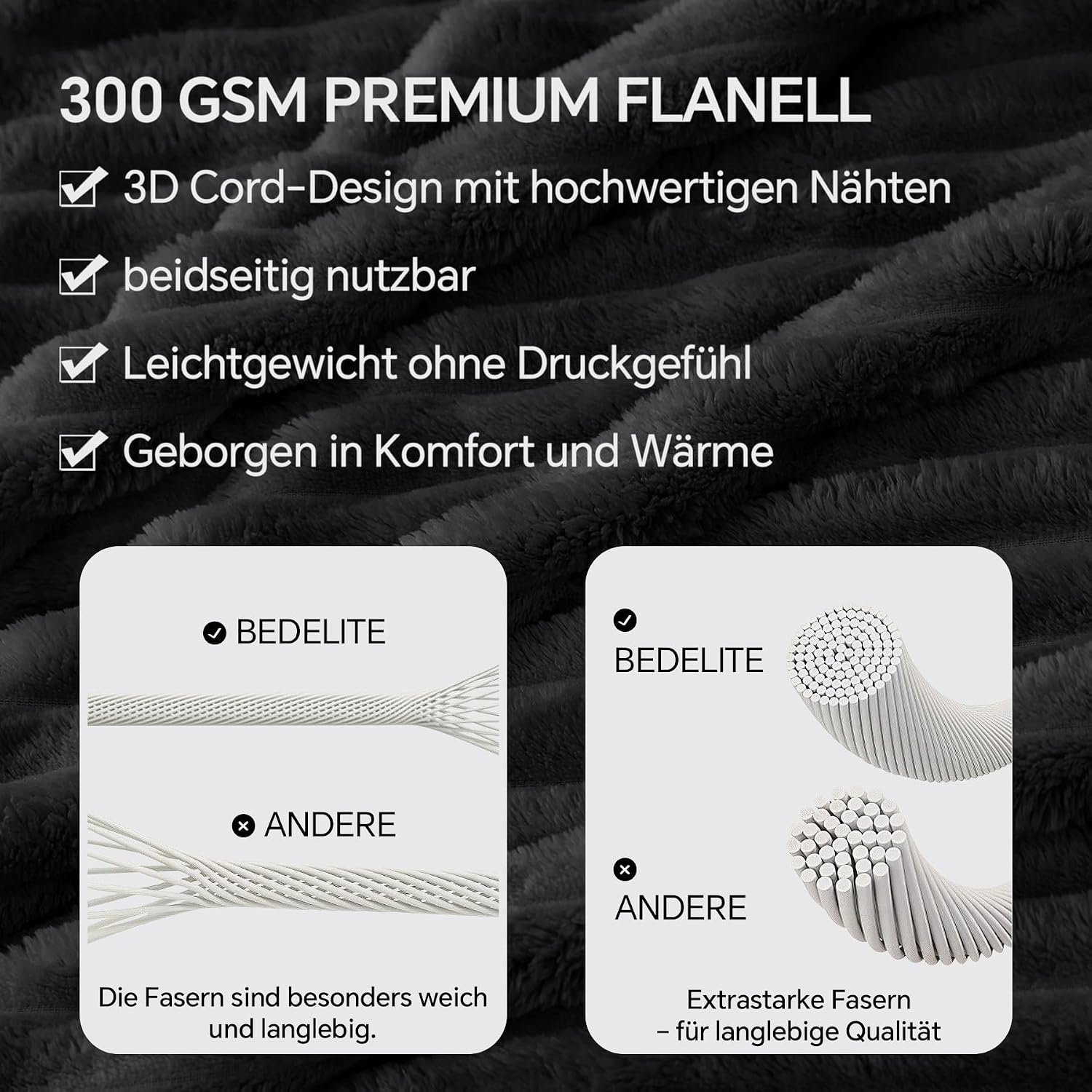 Detalle de BEDELITE Kuscheldecke Flauschig Decke 150 x 200 – weiche XL Flanell-Decke in Streifen schwarz, ideal als Überwurf für Sofa und Wohnzimmer