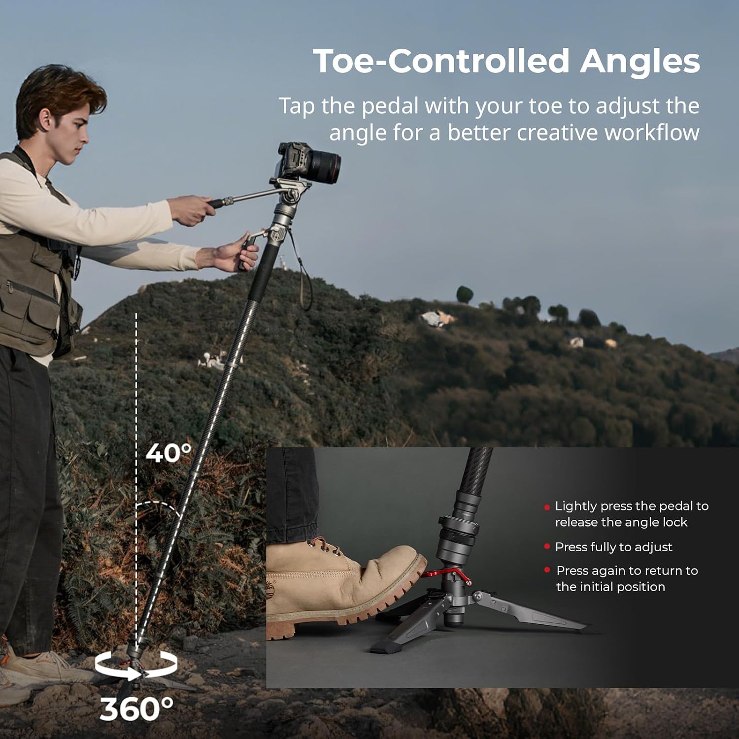 Detalle 2 de SMALLRIG Carbon Fiber Video Monopod Pro 175 cm – kompaktes Videostativ mit Ein-Knopf-Heben & Verriegelung