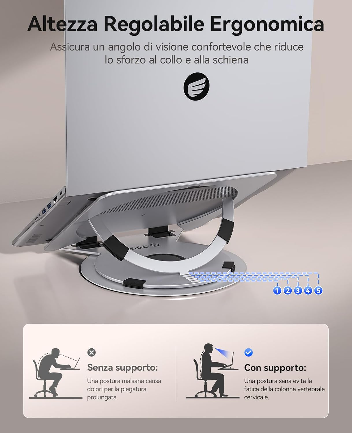 Detalle de ORICO Supporto PC Portatile NS1 regolabile e ventilato con base girevole 360° (10–17")