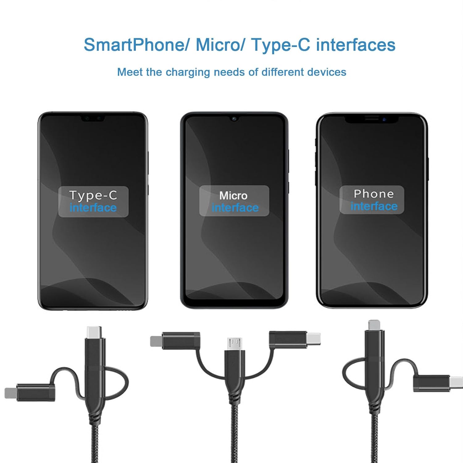 Thumbnail 3 de Unillous Multi Charger Cable 5 in 1 (USB-A/USB-C to Phone/Micro USB) braided fast-charging 1m