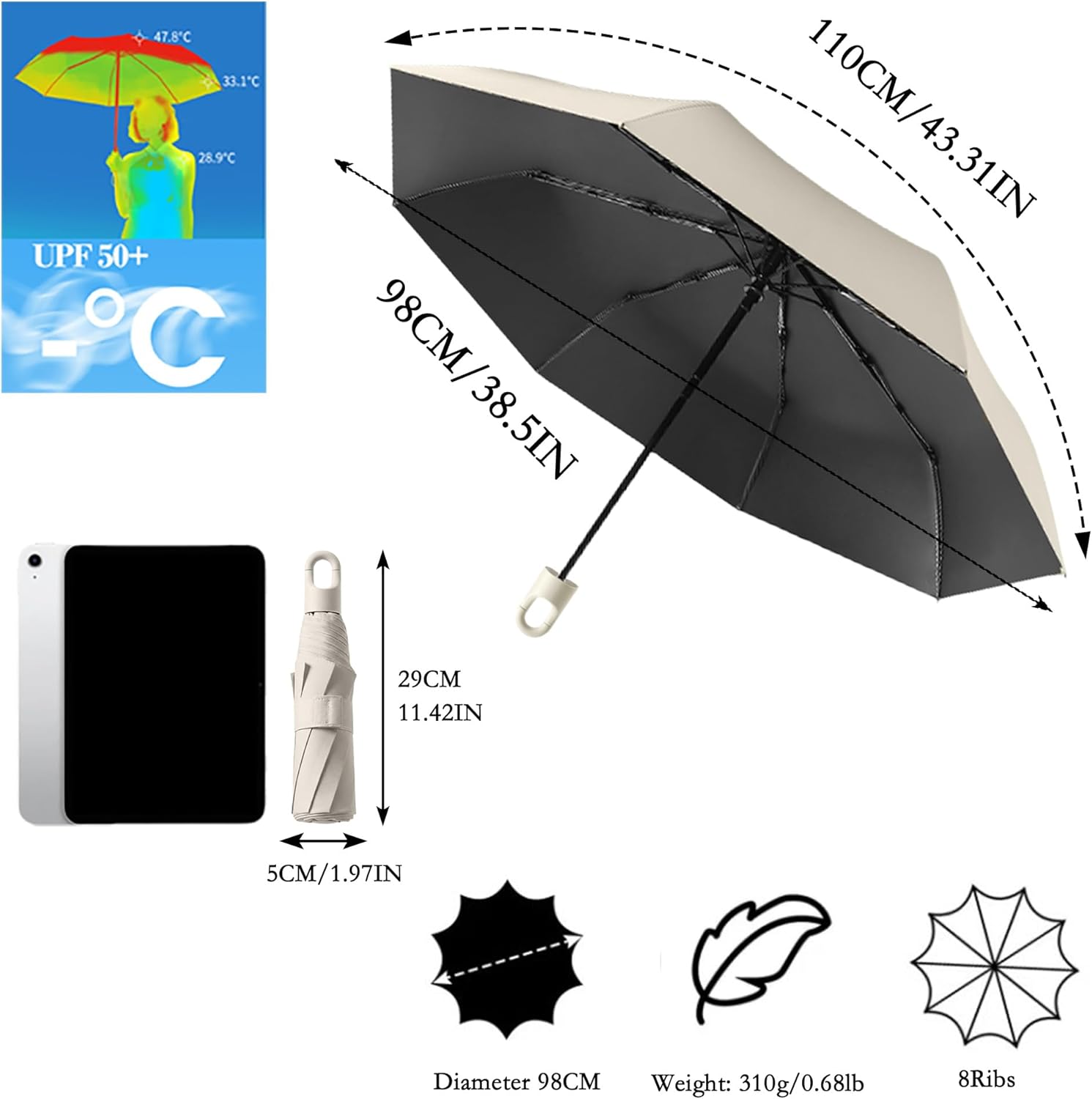 Detalle de Travel Folding Umbrella with Rotating Open & Close Ring Carabiner Handle – Portable, UV Protective and Lightweight