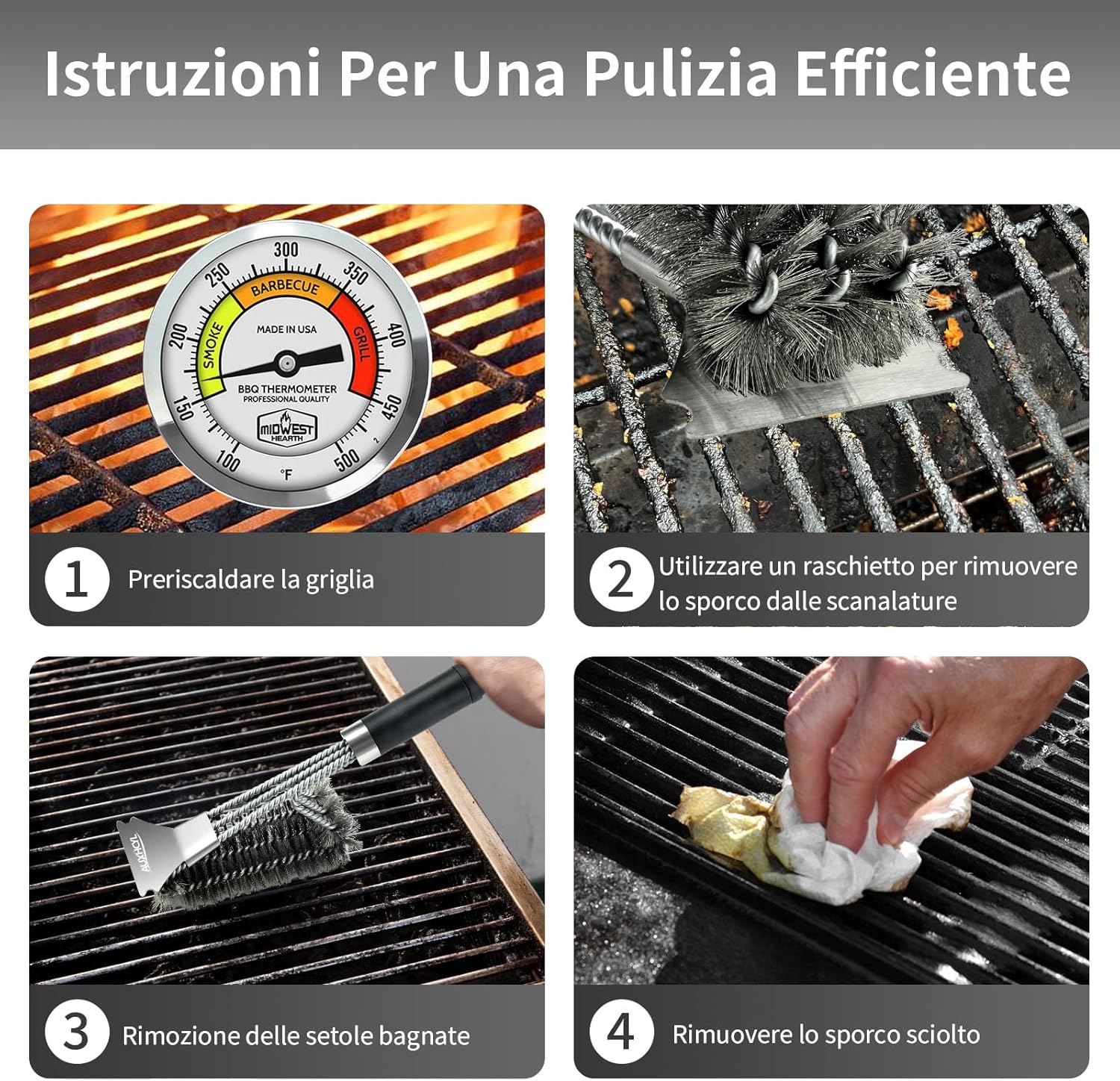 Thumbnail 5 de Spazzola per barbecue 3 in 1 in acciaio inox AUXHCYL con raschietto e manico isolato, larghezza 45,5 cm