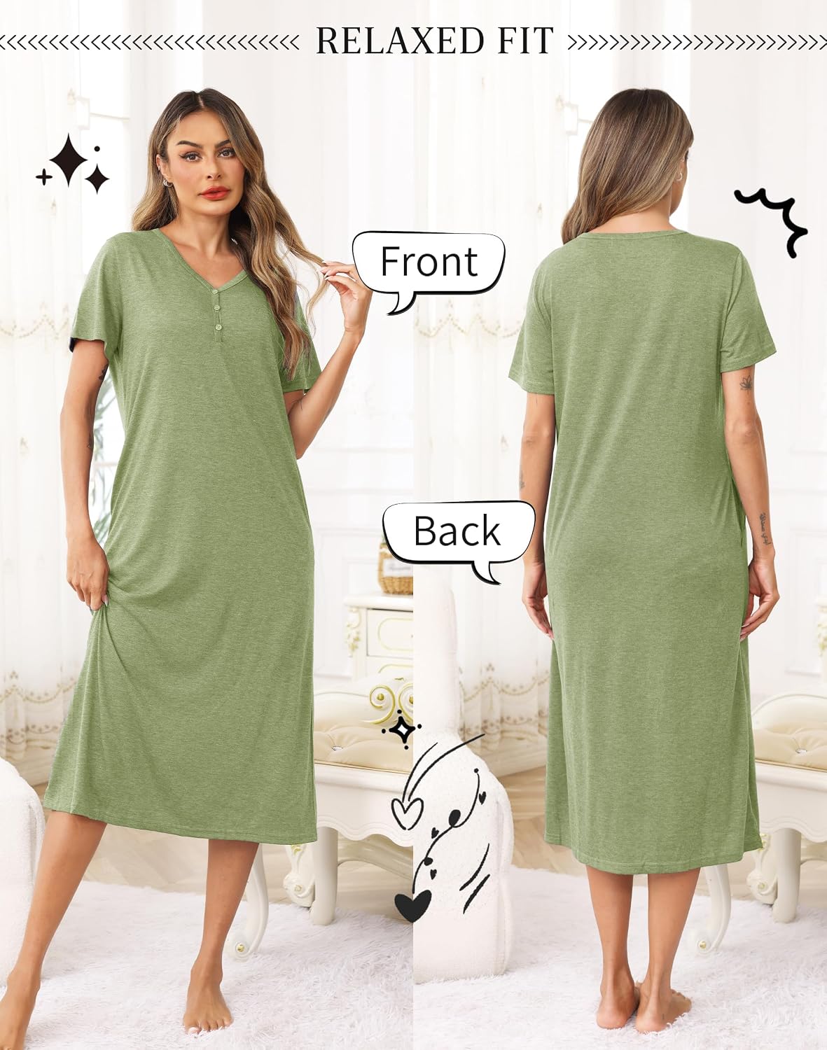 Thumbnail 2 de Lovasy Cotton Nightdress for Women UK – Long Nightdress with V-Neck, 95% Cotton Stretch, Pockets