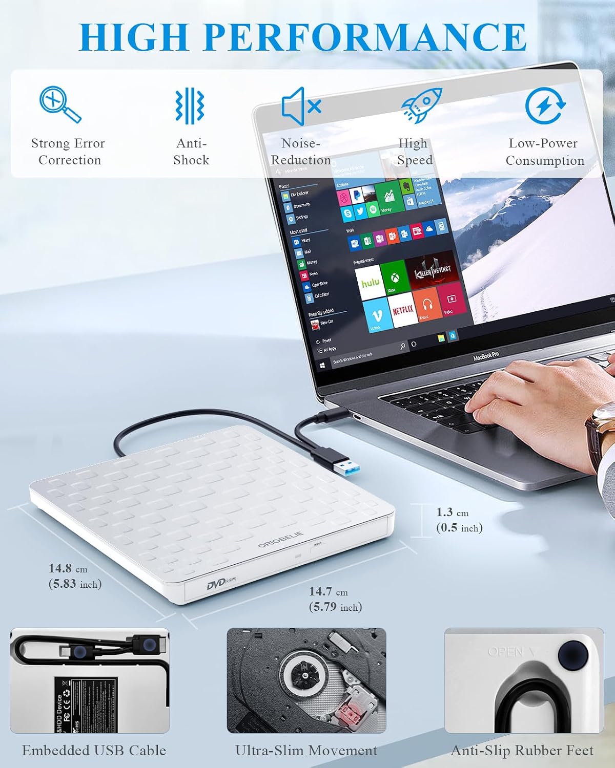 Thumbnail 6 de ORIGBELIE External CD/DVD Drive for Laptop – Ultra-slim 13mm USB 3.0 Type-C Portable Burner/Reader (White)