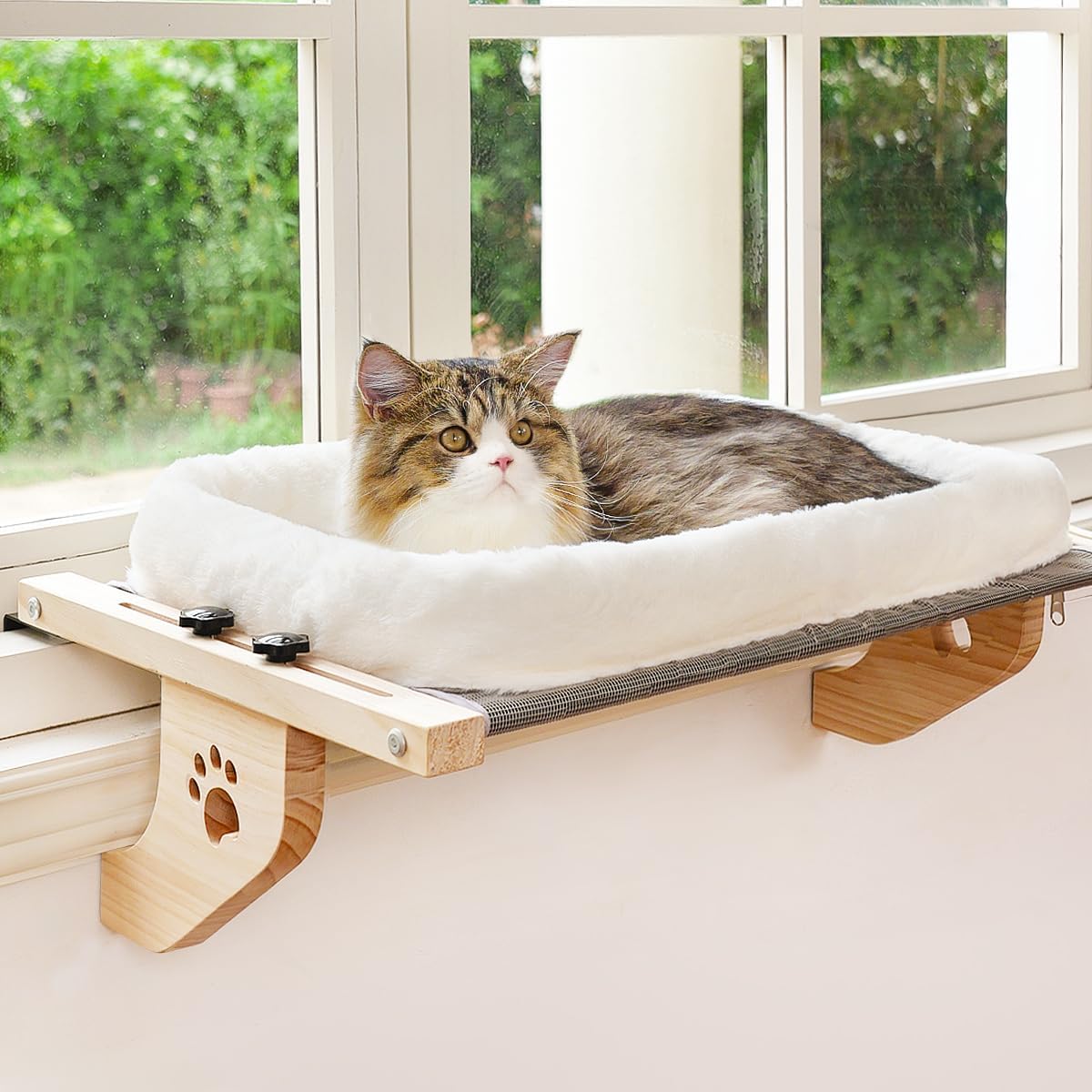 AMOSIJOY Cat Sill Window Perch Hammock Seat with Cushion (L) — Adjustable, No-Drill Window Mount for Large Cats