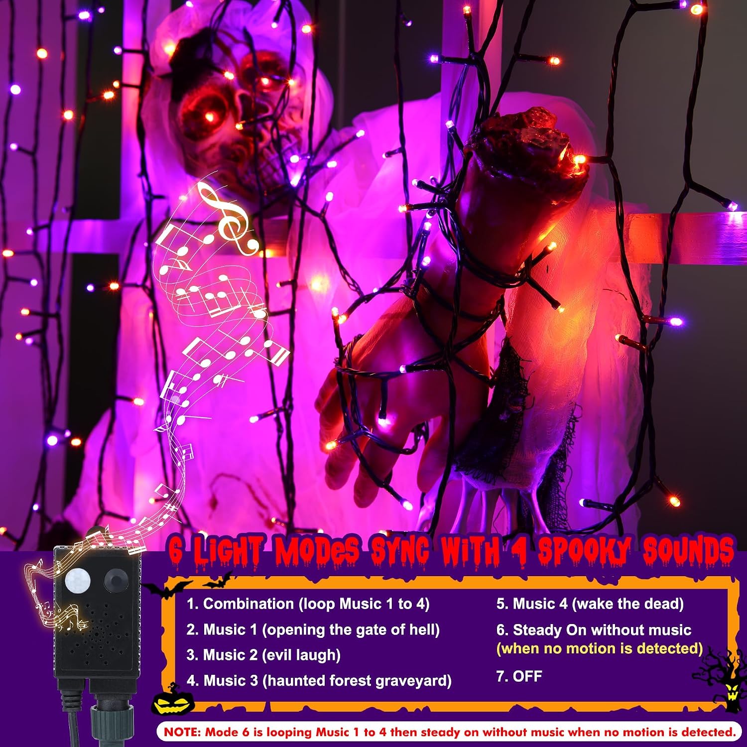 Detalle de NEXVIN Halloween Decorations Lights Outdoor – 20M 200 LED with Spooky Music and Motion Sensor