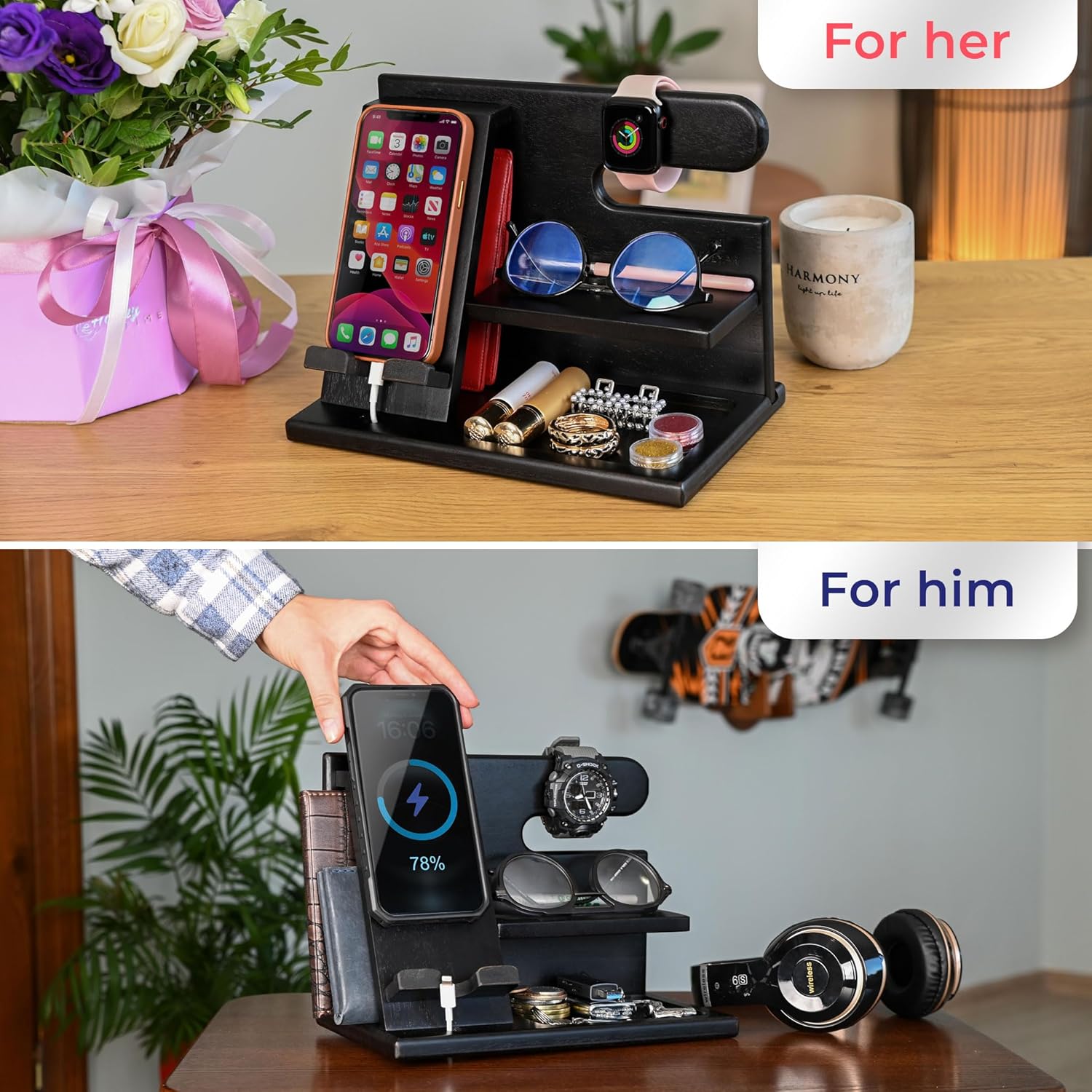 Thumbnail 2 de TESLYAR Wood Phone Docking Station – Nightstand & Desk Organizer (Black)