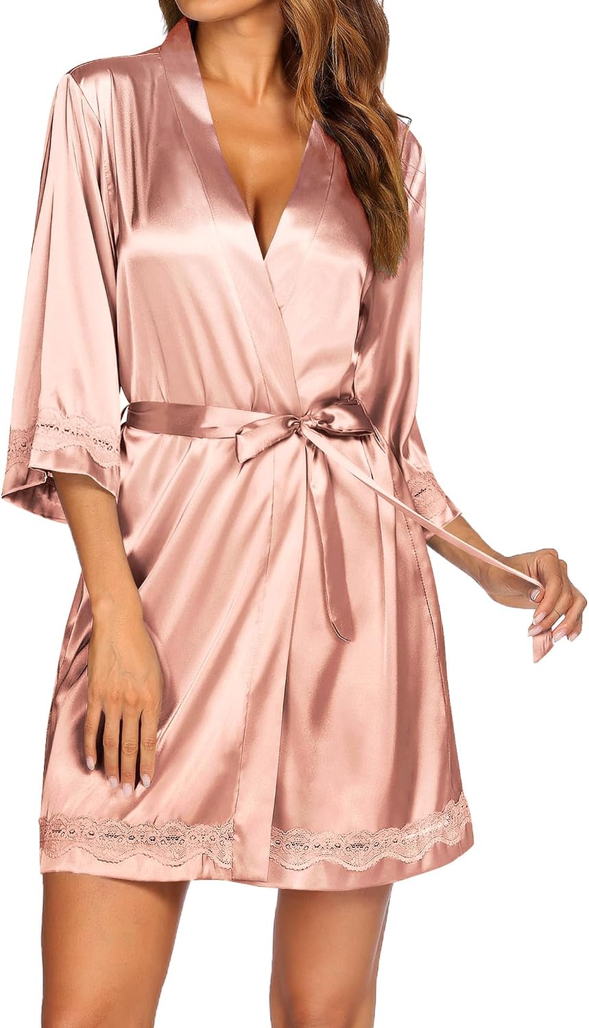 Detalle de Ekouaer ERK007815# Women's Satin Kimono Robe with Lace Trim