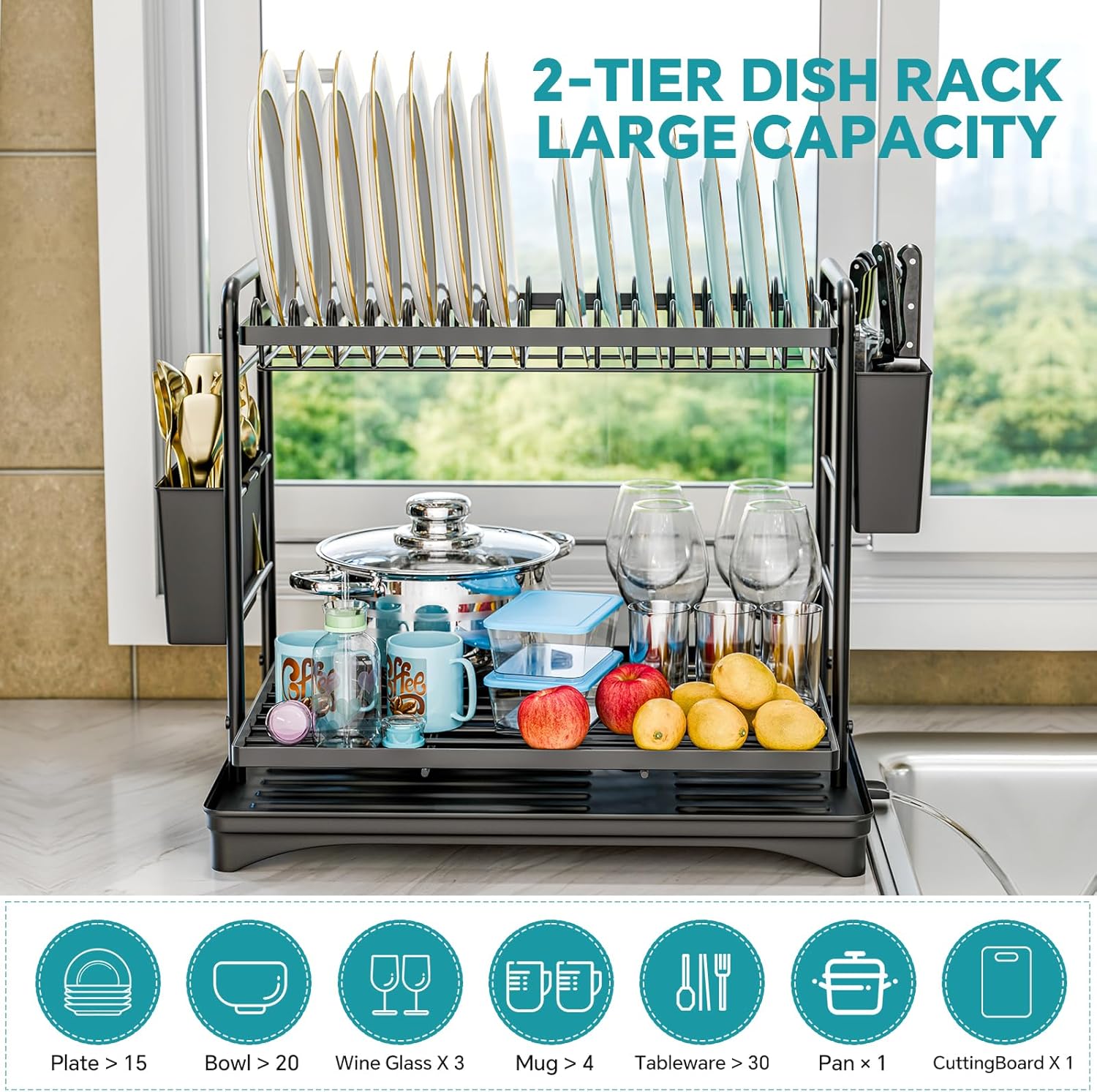 Detalle de Simple Trending 2-Tier Dish Drying Rack – Large Capacity Kitchen Counter Organizer