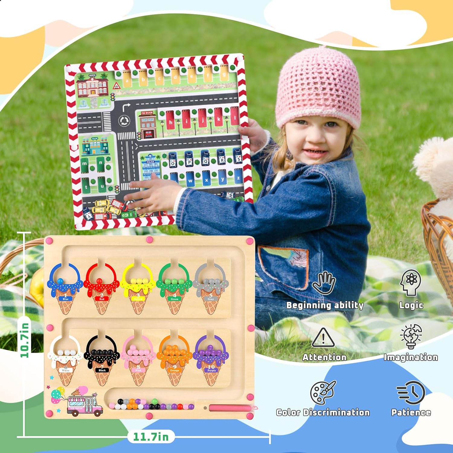 Thumbnail 4 de Konijiwa Cadeau Jeux Enfant 3 en 1 Montessori : labyrinthe magnétique couleurs et chiffres