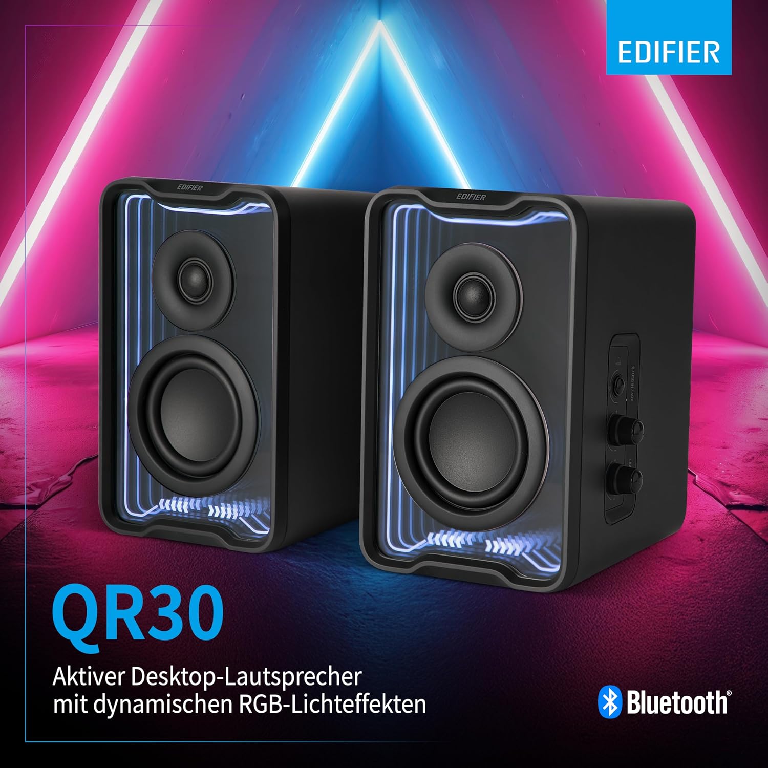Detalle de Edifier QR30: Aktiver Desktop‑Lautsprecher mit Bluetooth 5.4, 30 W RMS, dynamische Lichteffekte