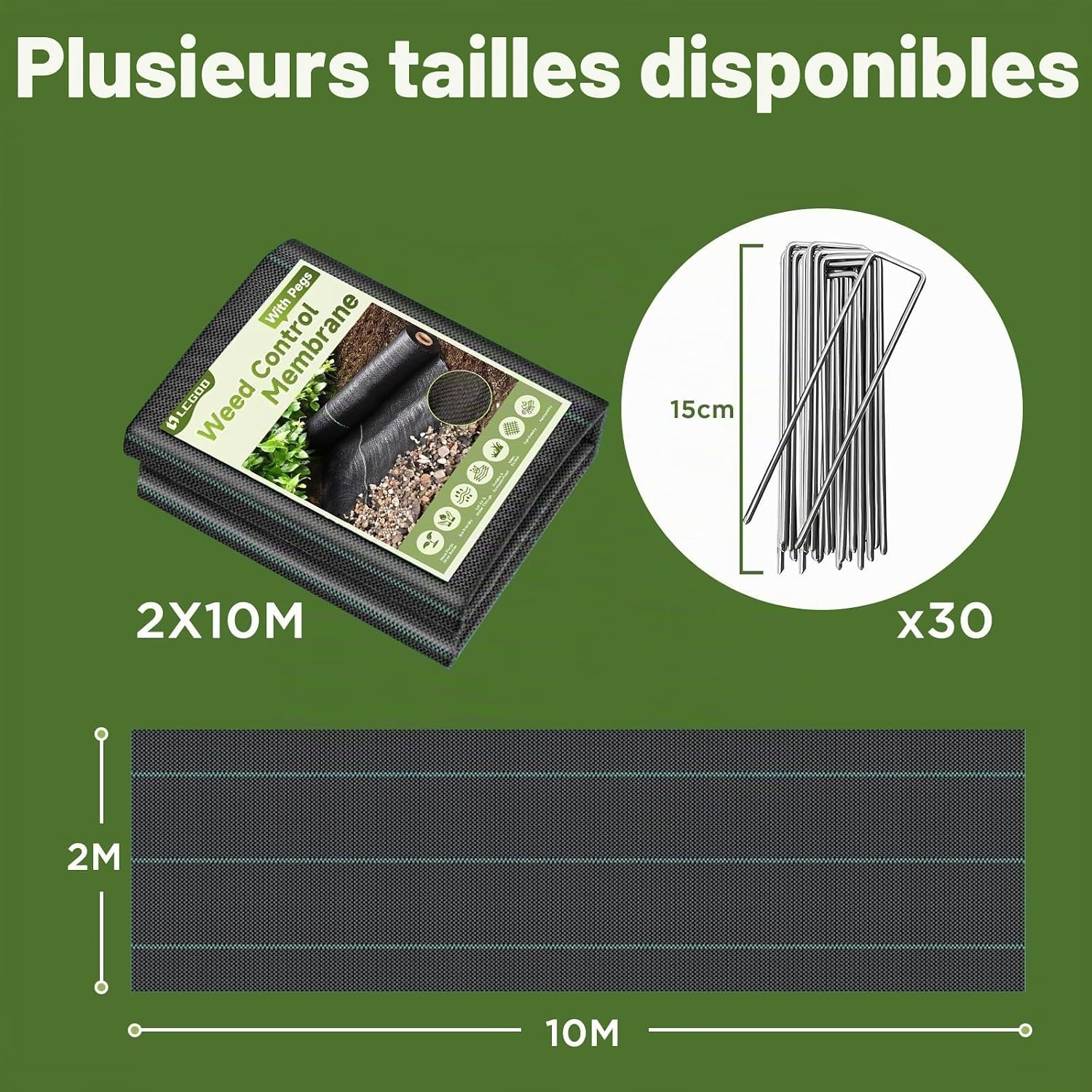 Detalle de LCGOD LC Weed Control Membrane onkruiddoek 2 x 10 m, 100 g/m², 30 haringen