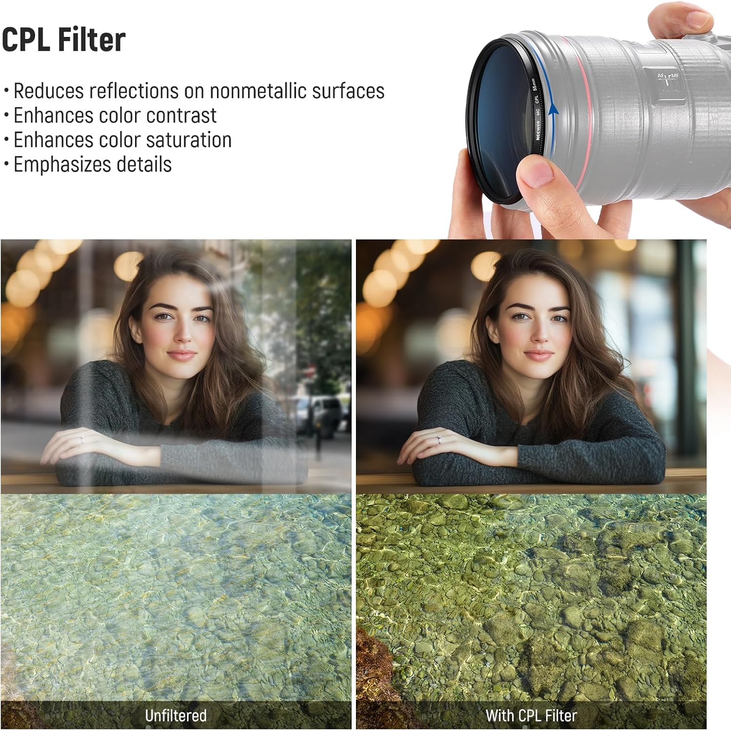 Detalle de NEEWER 55mm UV + ND8 + Circular Polariser Filter Kit (Slim Frame, Folding Case)