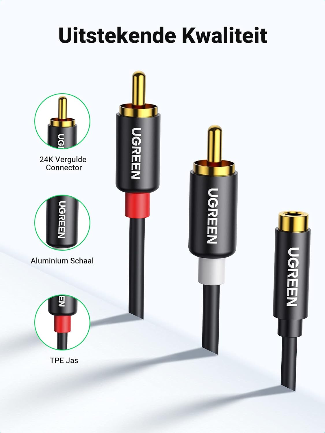 Thumbnail 3 de UGREEN 3,5mm-jackadapter naar 2 RCA-cinchstekkers, 25 cm, metalen behuizing