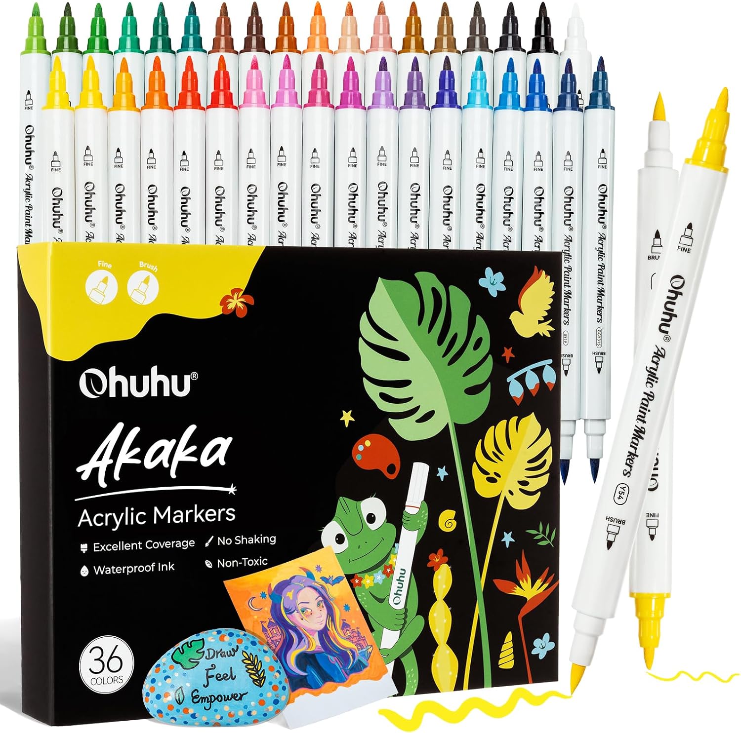 Detalle de Ohuhu APM-02 acrylstiften, 36 kleuren met penseel- en fijne punt