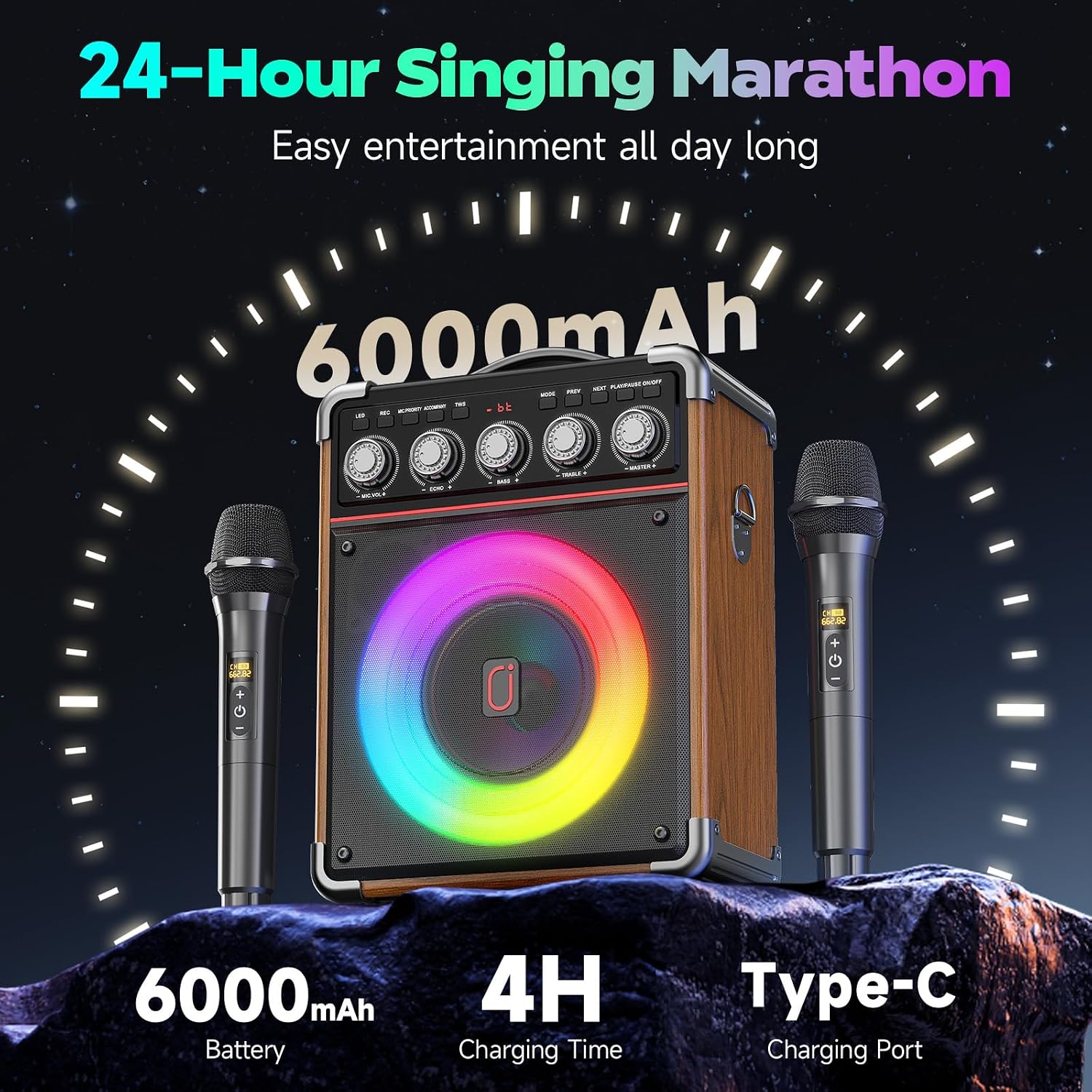 Detalle de TX05 Karaoke Machine for Adults with 2 Wireless Microphones – Portable 100W Bluetooth PA System