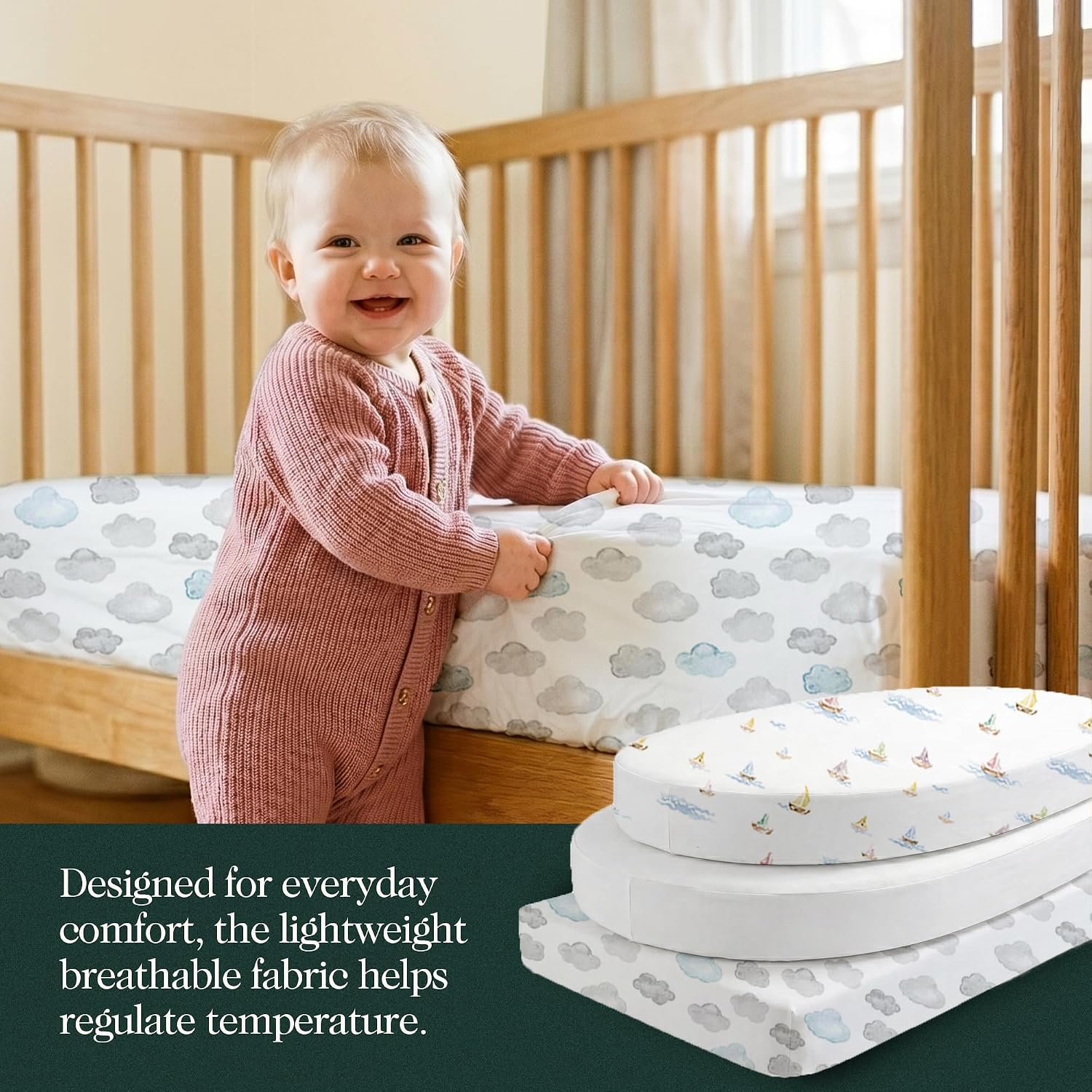 Detalle 1 de THE LINEN COMPANY NEW YORK BFS-3-BD Organic Cotton Bassinet Sheets, 3-Pack, Watercolors